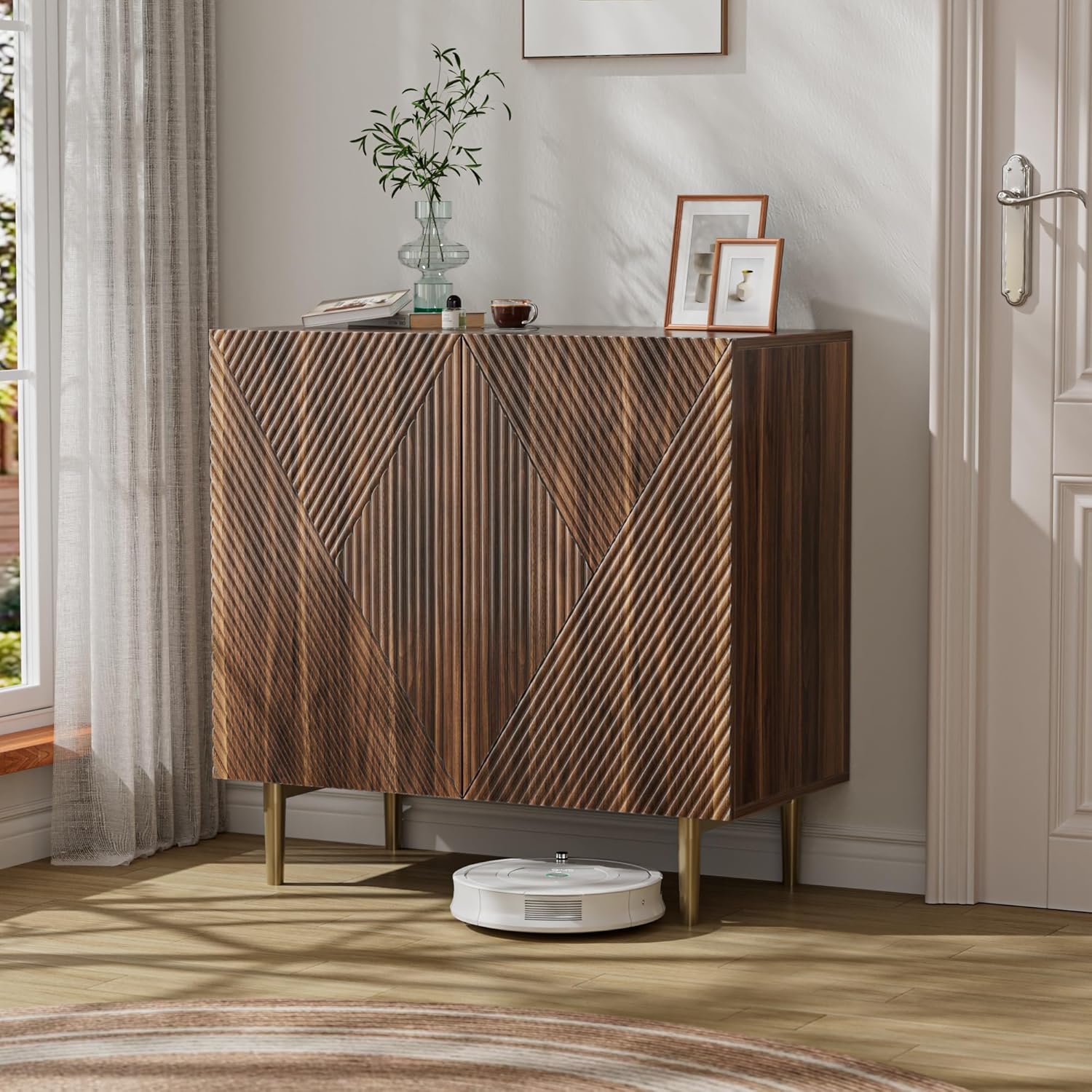 EAG Fluted Storage Cabinet, 31.5" Buffet Cabinet with Storage, Mid Century Modern Sideboard with Rhombic Doors/Adjustable Shelves for Kitchen, Living Room, Hallway, Entryway, Walnut