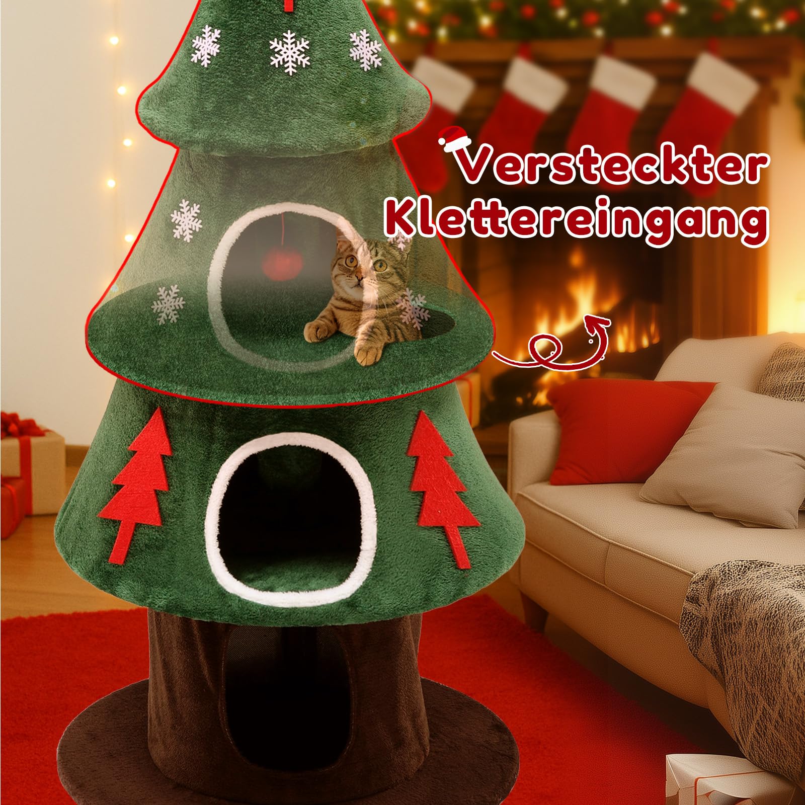 COMHOMA Kratzbaum 135 cm hoch, Weihnachtsbaum-Design, mehrstöckiger Katzenbaum mit Katzenhaus, mit Kratzsäulen Spielball Stabiler Kletterbaum für Katzen, grün