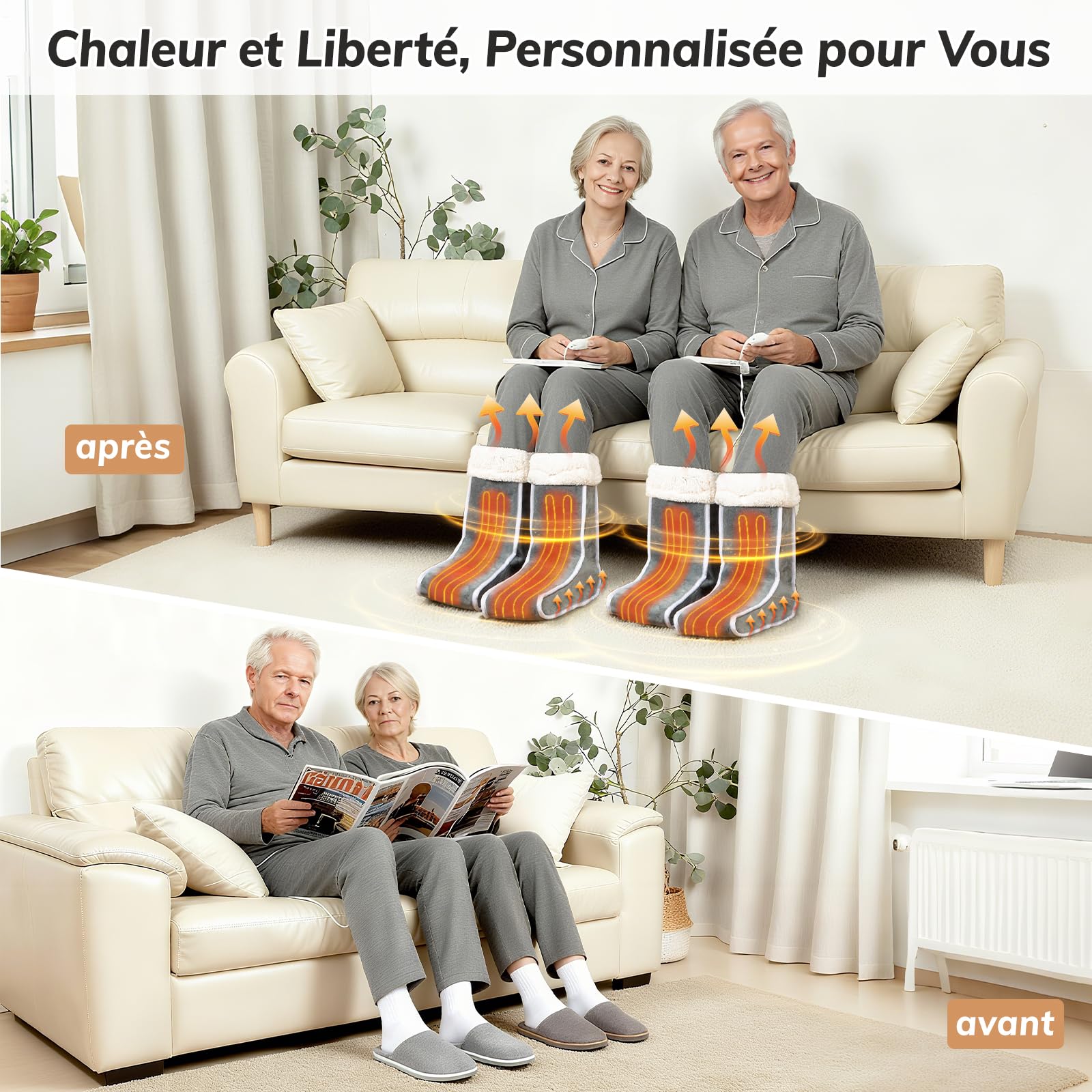 Chauffe-Pieds Électrique Séparé pour Femmes et Hommes, Chauffe-Pieds Chauffants avec Couverture des Mollets, 6 Réglages de Température, 4 Minuteries, Lavable en Machine, Doublure Douce