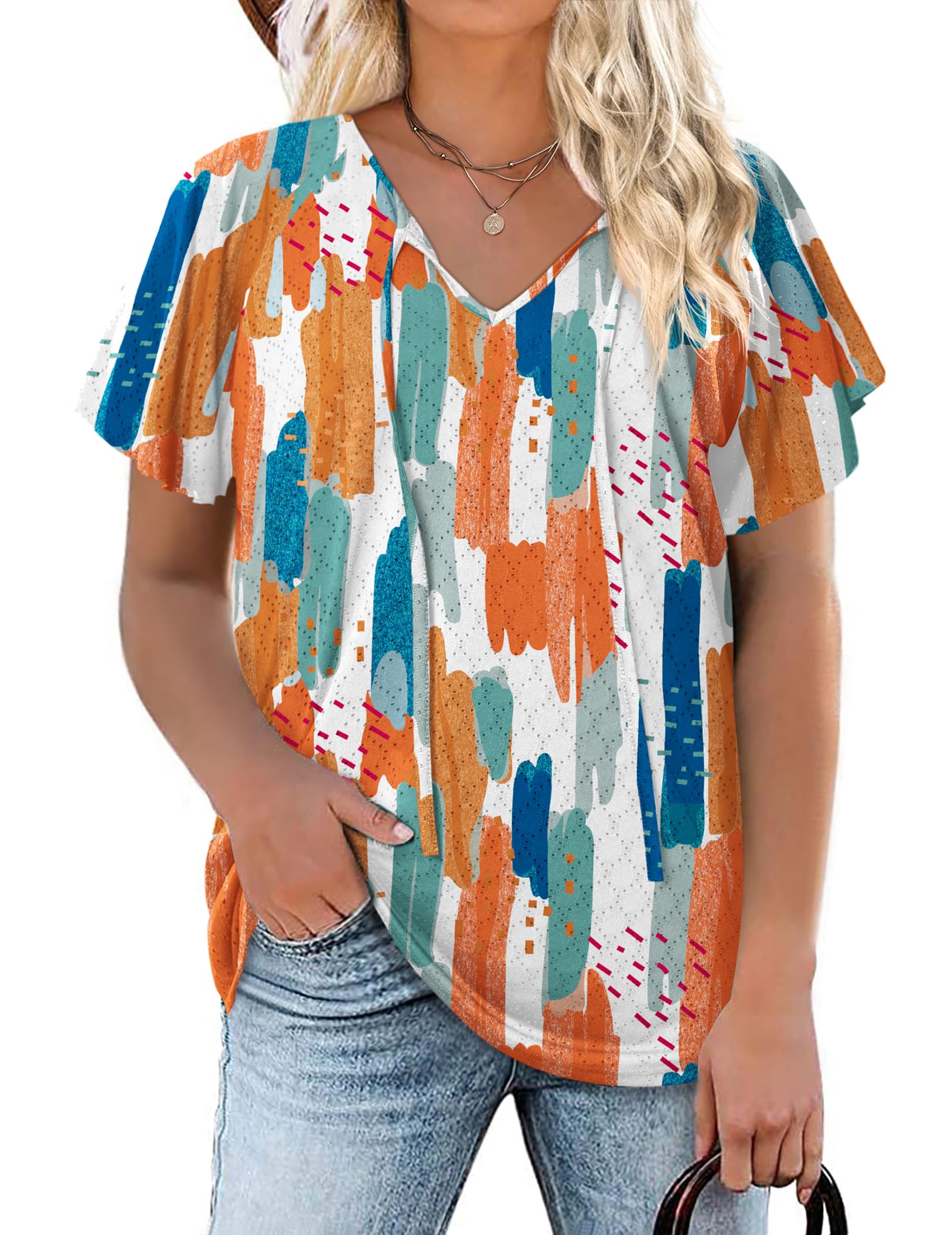 IN'VOLANDWomen's Plus Size Blouses Short Sleeve Floral Shirts V Neck Tunics Summer Hollow Tops