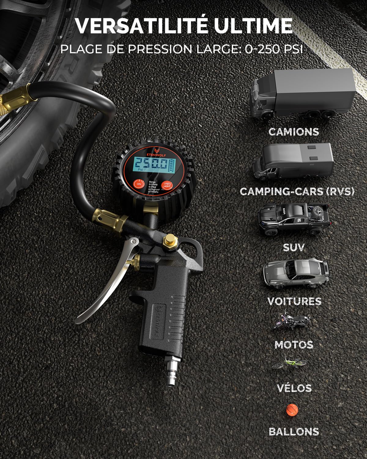 ETENWOLF T500 Manometre Pression Pneu Gonfleur Pneu, Manomètre Numérique de Pression 0-250 PSI, Pistolet de Gonflage, Embout de Gonflage et Accessoires pour Compresseur avec Sac de Rangement