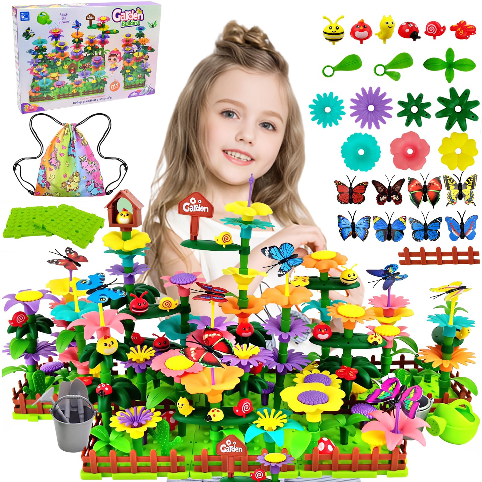Cyiecw 332 juguetes de jardín de flores a partir de 4 años para niñas, bloques de construcción de flores para niños, juegos de ramo de bricolaje con bolsa de almacenamiento, juguetes de jardín para
