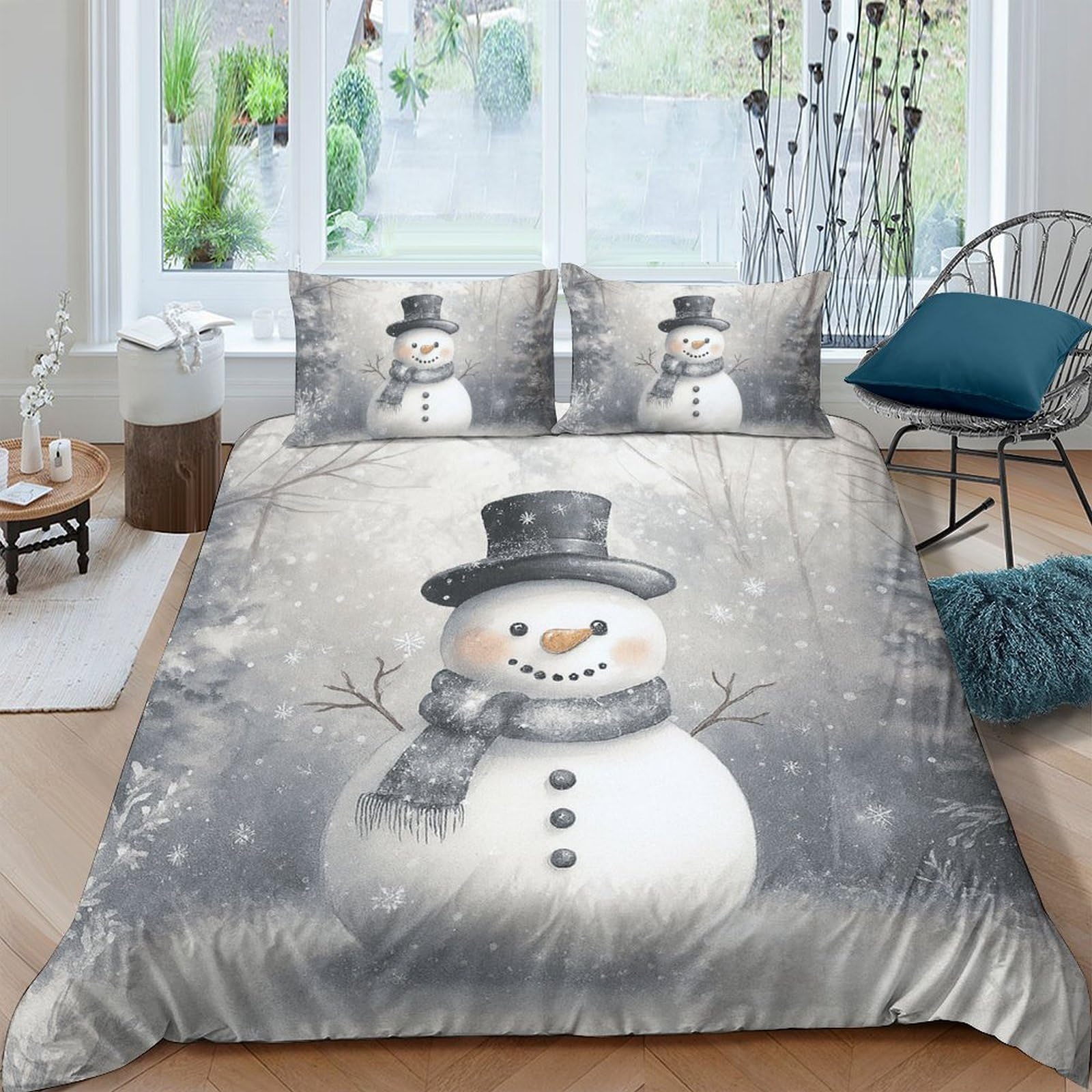 GPLZQXKJNH 3D Printed Snowman Duvet Cover Microfiber Soft Breathable Winter Scene Bedding Set with 2 Pillowcases for Bedroom Decor Single（135x200cm）