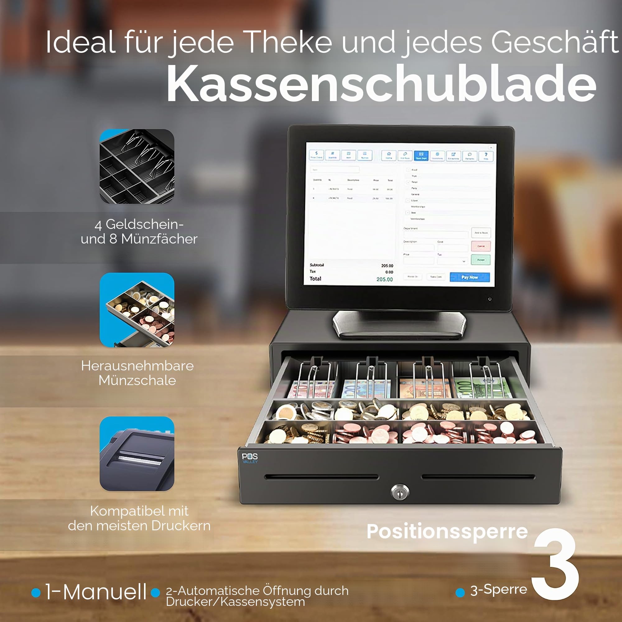 Kassenschublade Elektrisch RJ11-12 Manuell 4 Geldscheinfächern 8 Münzfächern 41x41cm Schwarz POS VALLEY
