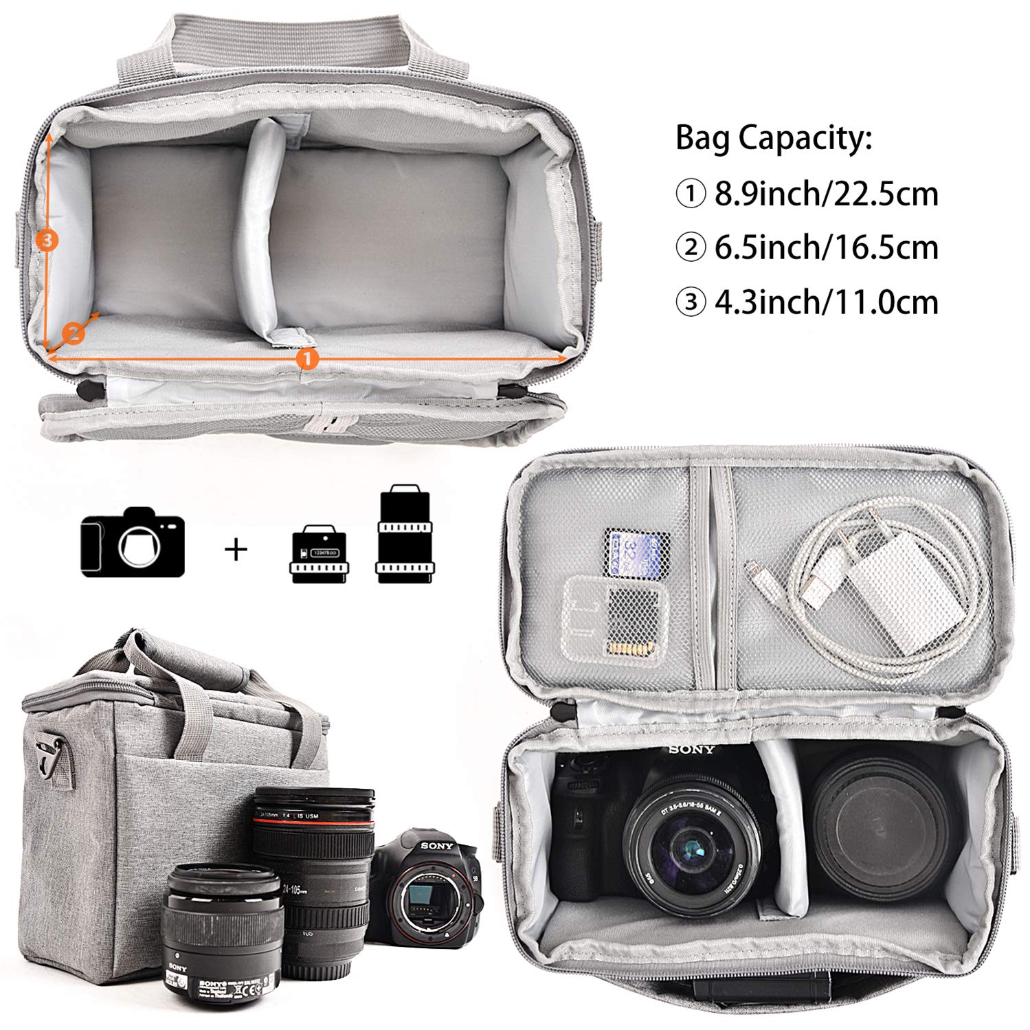 FOSOTO Bolsas de hombro acolchadas para cámara réflex digital a prueba de golpes con asa y cubierta de lluvia compatible con lentes Canon Sony Nikon Flash, gris, 8.8 x 3.9 x 6.5 inches, Compacto