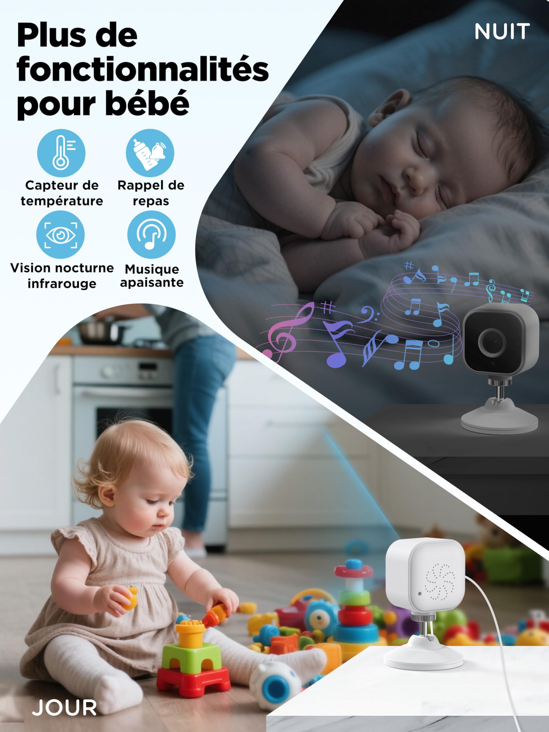 Babyphone Camera sans WiFi, Portable Camera Bebe Surveillance avec Support Lit, Connexion Privée Sécurisée 2,4 GHz, Audio Bidirectionnel, Détection des Pleurs, Vision Nocturne, Zoom 4X, Berceuses