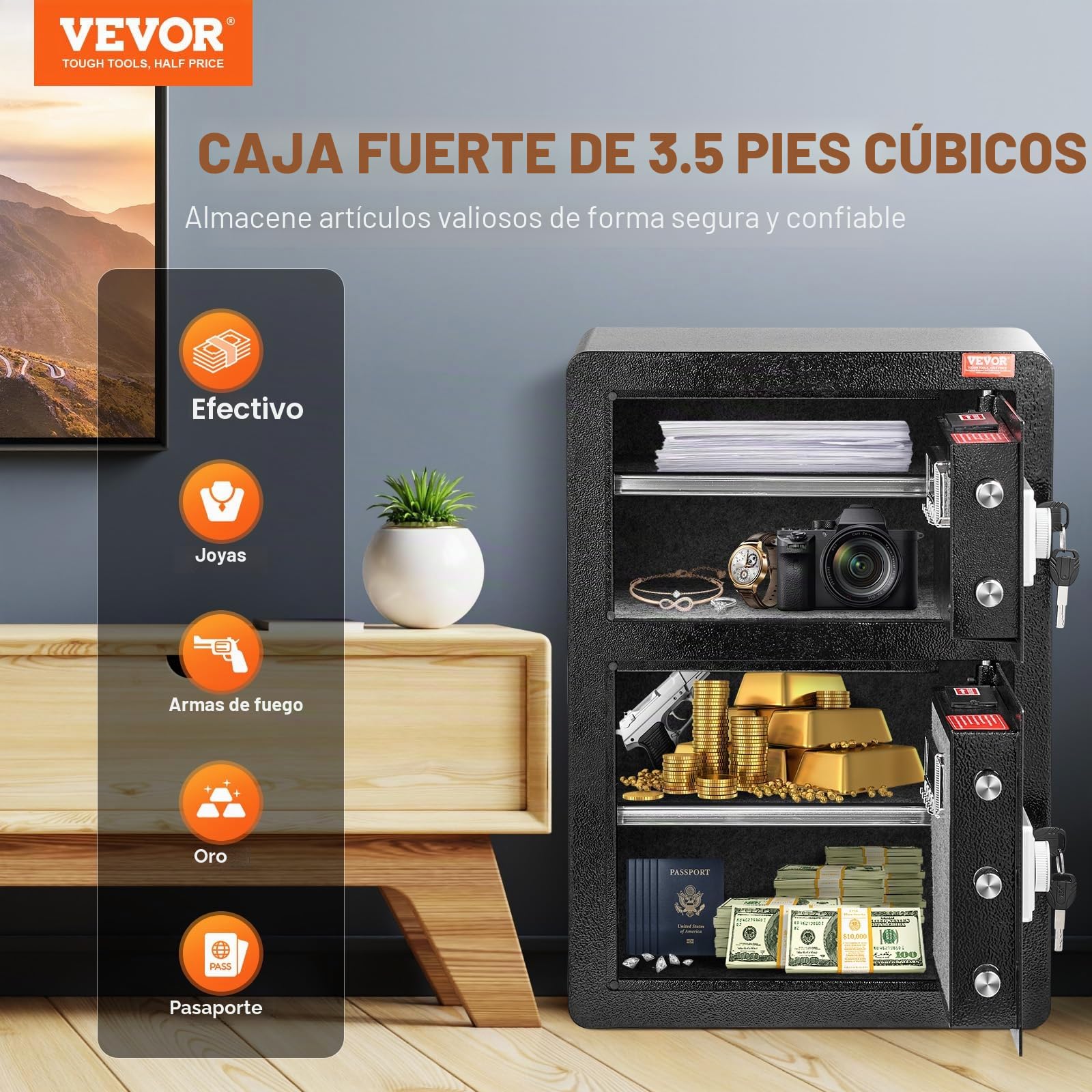 VEVOR Caja Fuerte de 99,1 L con Puertas Dobles, Cerradura con Llave y Contraseña, Bolsa Ignífuga, Estante para Llaves, Luz LED y 2 Divisores Ajustables y Extraíbles para Dinero, Documentos, Negro