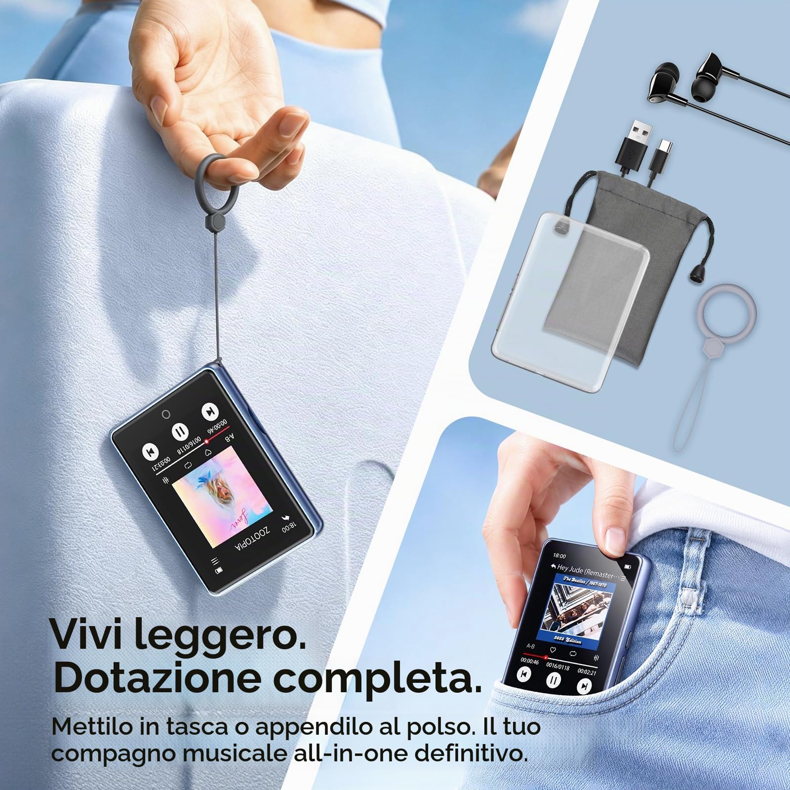 Lettore MP3 Bluetooth 5.3 con Schermo Touchscreen Completo da 2,8 Pollici, Altoparlante Integrato, 32GB (Supporta Fino a 128GB), Riproduttore Musicale HiFi Senza Perdita con Radio FM | Alloggiamento in metallo e design portatile, altoparlante, espandibile