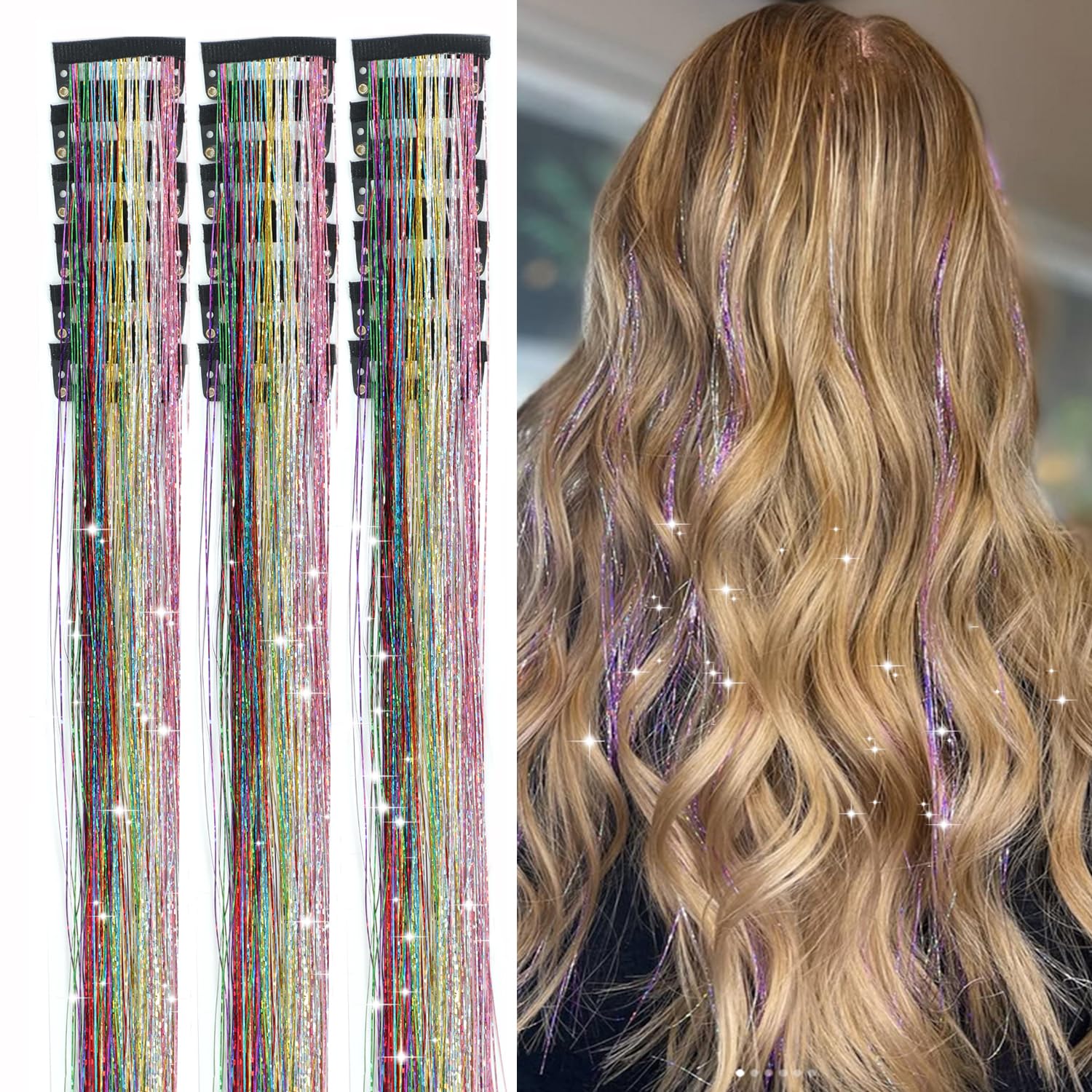 Kit de 18 piezas de oropel con clip, extensiones de cabello de oropel con purpurina de 20 pulgadas, accesorios para el cabello brillante de hada de oropel para mujeres y niñas (colorido)