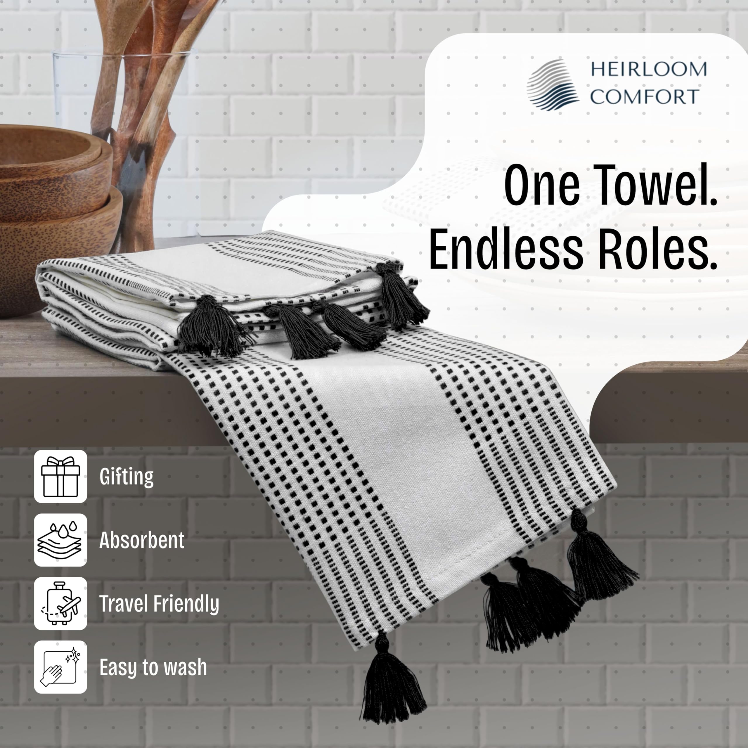 Toallas de cocina decorativas negras de 40 x 66 cm, paquete de 5, ultra absorbentes, suaves, 100 % algodón con borlas, secado rápido para limpiar, secar platos y uso diario