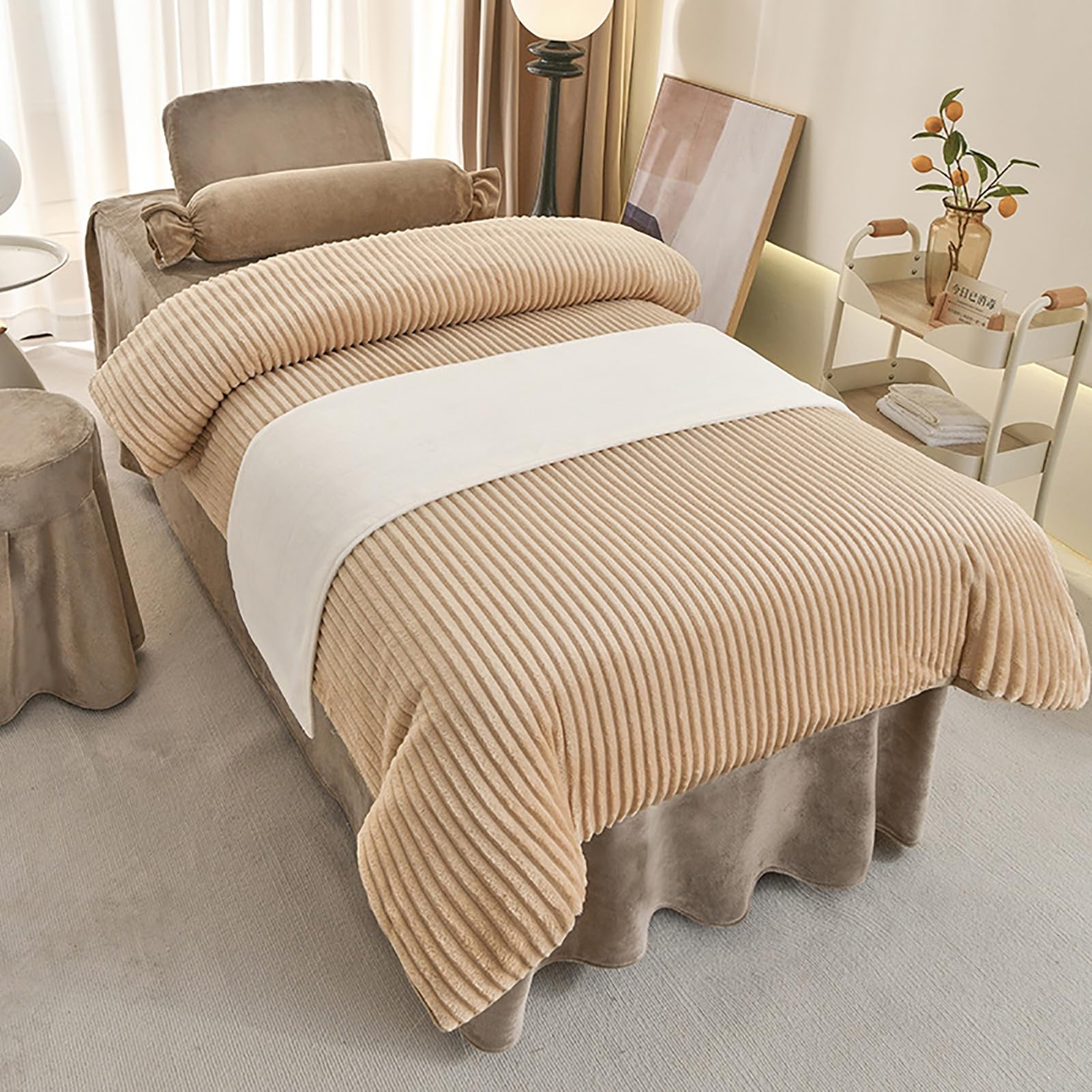 Massage Bed Skirt Spa Bed Cover with Elastic Band Breathable Massage Table Skirt with Face Hole,Salon Bedspread & Skirt,4Pcs Beauty Salon Bedding Set,camel2,70x185cm(28x73inch)