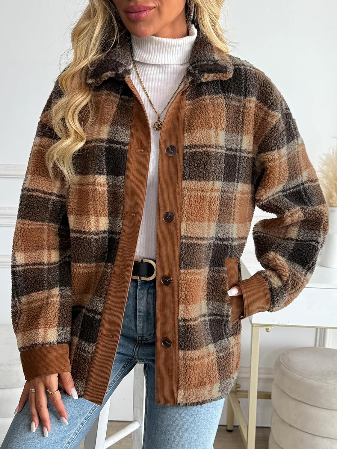 LILLUSORY Flannel Sherpa Jackets for Women Fleece Shackets Plaid Button Down Jacket Winter Coats - Image 5