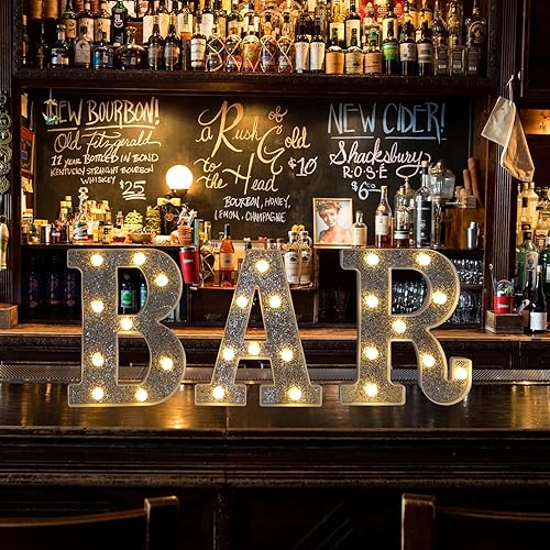 Miniatura 4 de Letrero de barra con purpurina plateada, letras de barra alimentadas con pilas, letras con luz LED para bar en casa, decoración de fiestas
