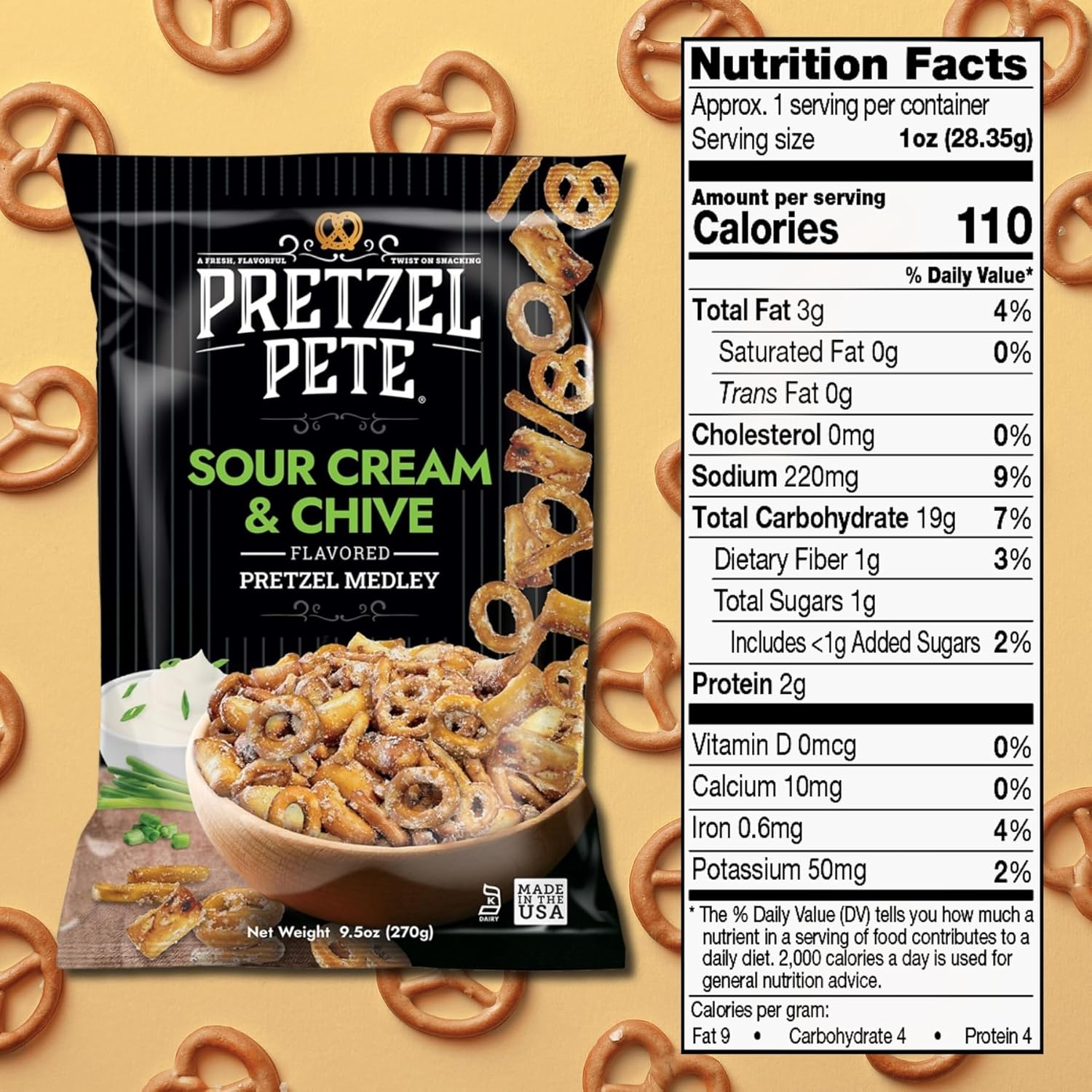 Pretzel Pete Sour Cream Chive Seasoned Pretzel Medley, Nut-Free and Sesame-Free Snack, Small Batch, Bold Flavor (9.5oz, Pack of 3)