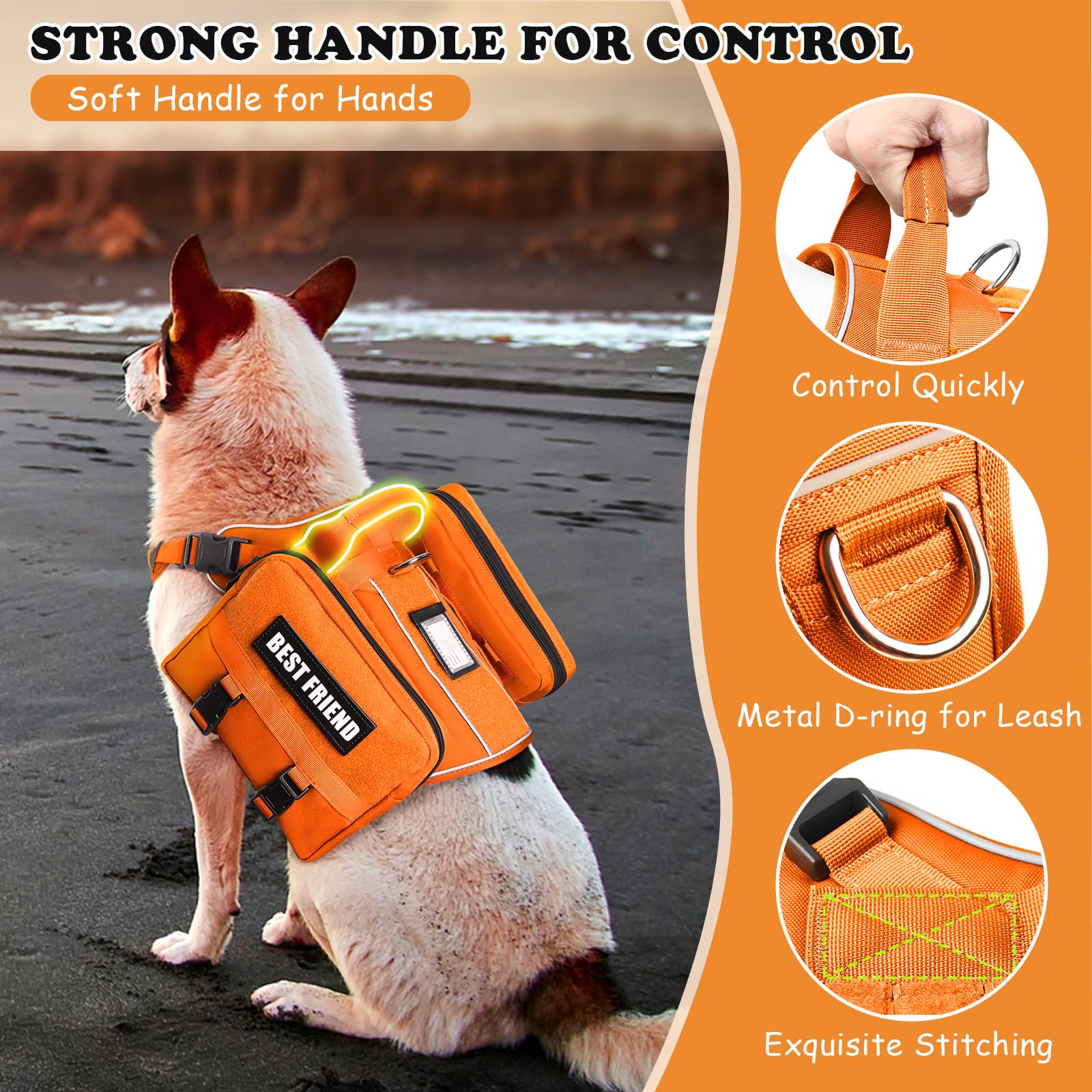 Set di imbracatura e guinzaglio per cani di taglia media, tasche laterali rimovibili, gilet per cani con manico e clip in metallo senza tirare, per escursionismo, allenamento, passeggiate e