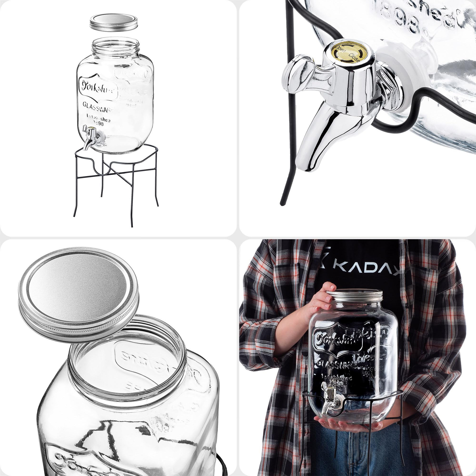 KADAX Distributore di bevande 4L con supporto, dispenser di succo in vetro, erogatore di acqua con rubinetto e coperchio, distributore di limonata, dispenser per bevande fredde (modello 3)