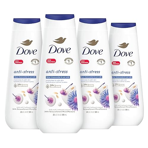 Dove Body Wash Anti-Stress Blue Manzanilla y leche de avena 4 unidades para una piel renovada, de aspecto saludable, hidratante suave limpiador de