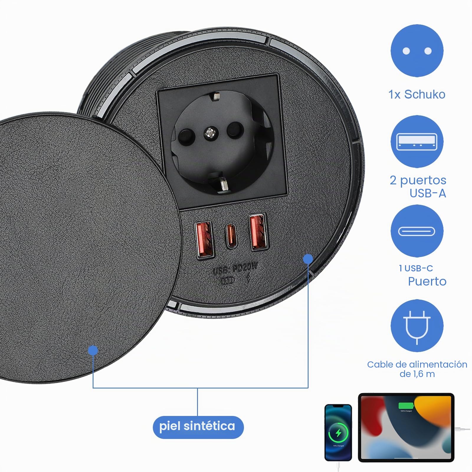 Toma de corriente empotrada con cubierta, toma de mesa con 1 Schuko y 1 conector USB-A y 1 conector USB-C y cable de alimentación de 1,5 m, tomas de orificio de mesa de 80 mm