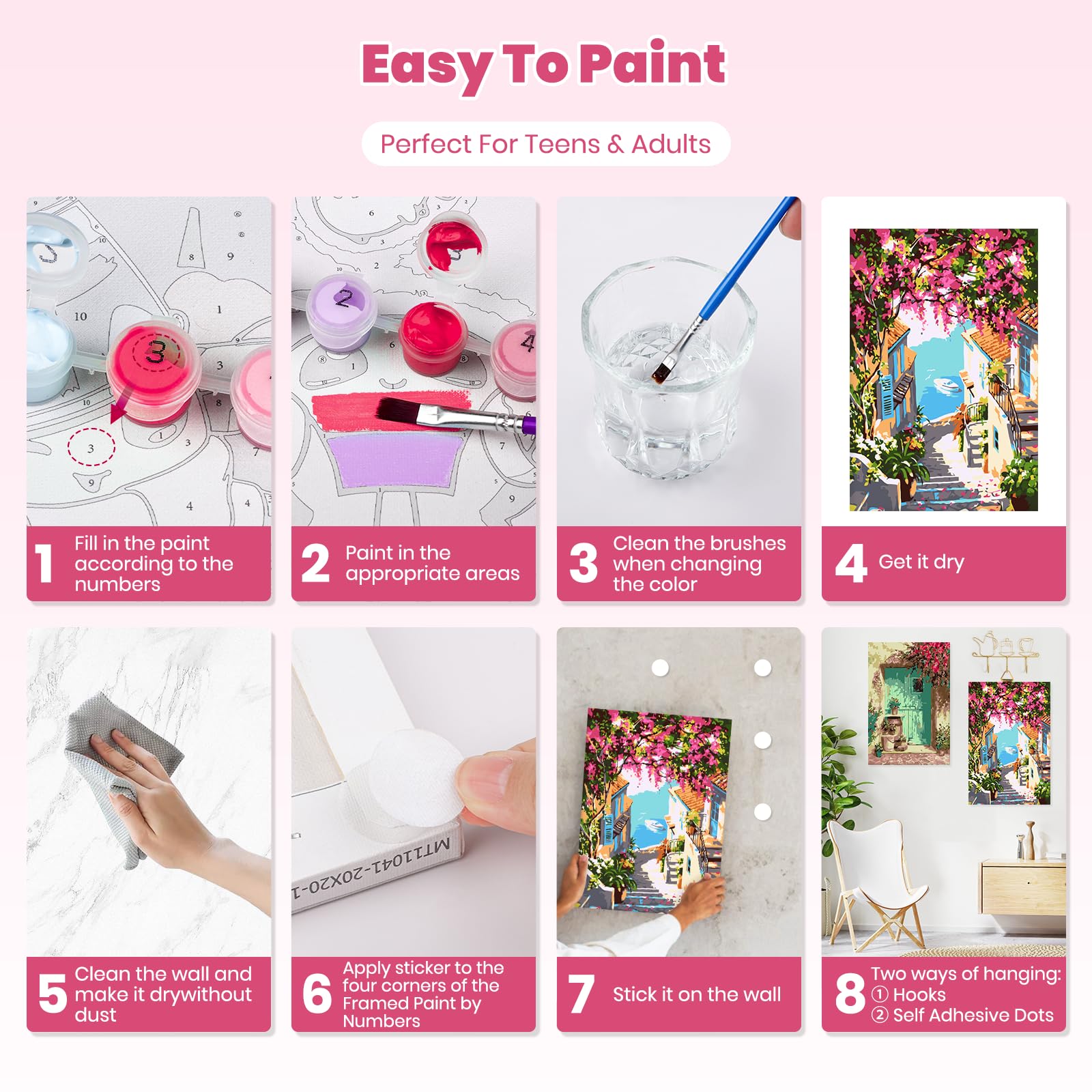 GHHKUD Pintar por Numeros Adultos, Pack 4 Kit de Pintura por Números, con Pinceles, Pigmento Acrílico, Pintura de Dibujo DIY, Paisajes Paint by Numbers Kits 20X30CM, Flower Town
