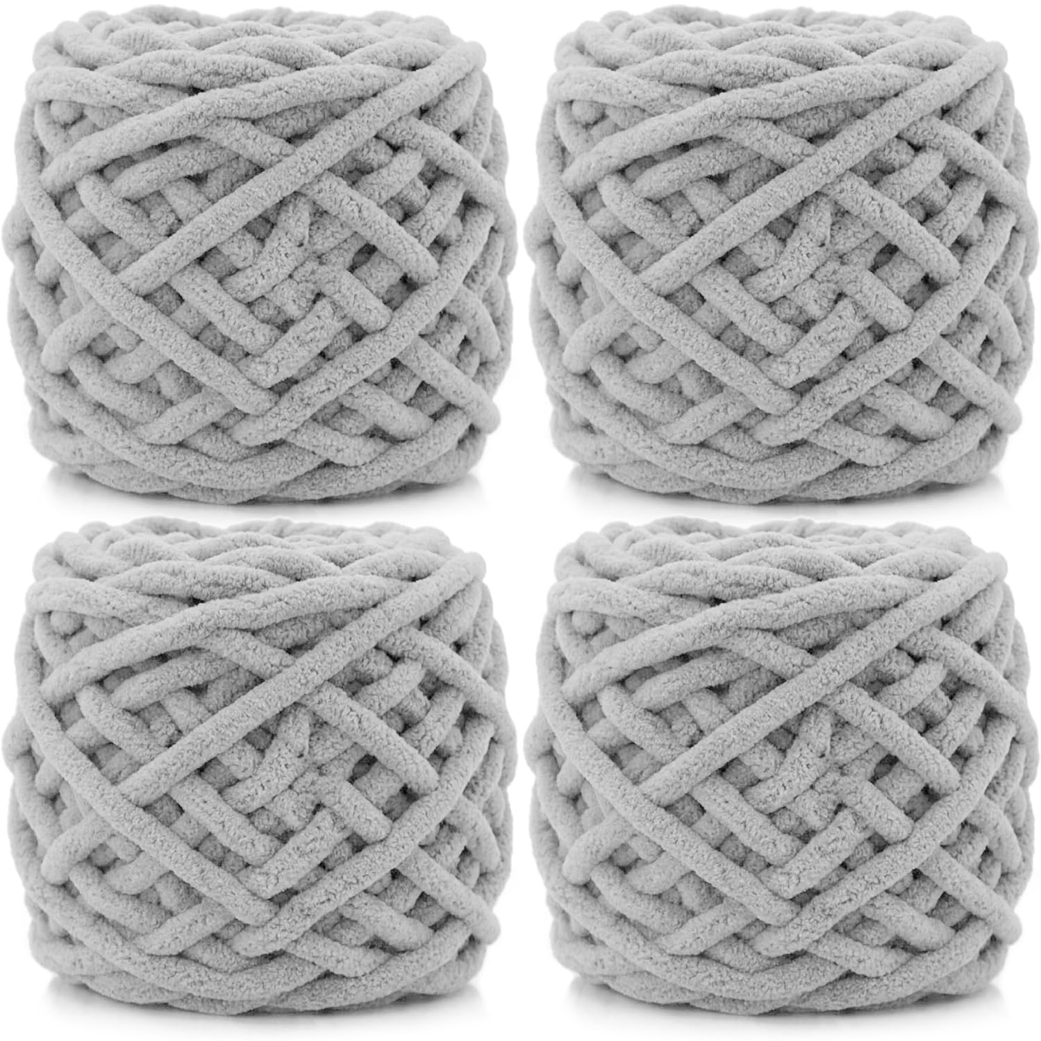 Lighterday Super Chunky Knit Chenille Yarn 4 x 100g Multi-Colored Crochet Wool for Hand Knitting Blankets,Knitting Wool for Big Blankets Sock and Scarves (Light Gray)