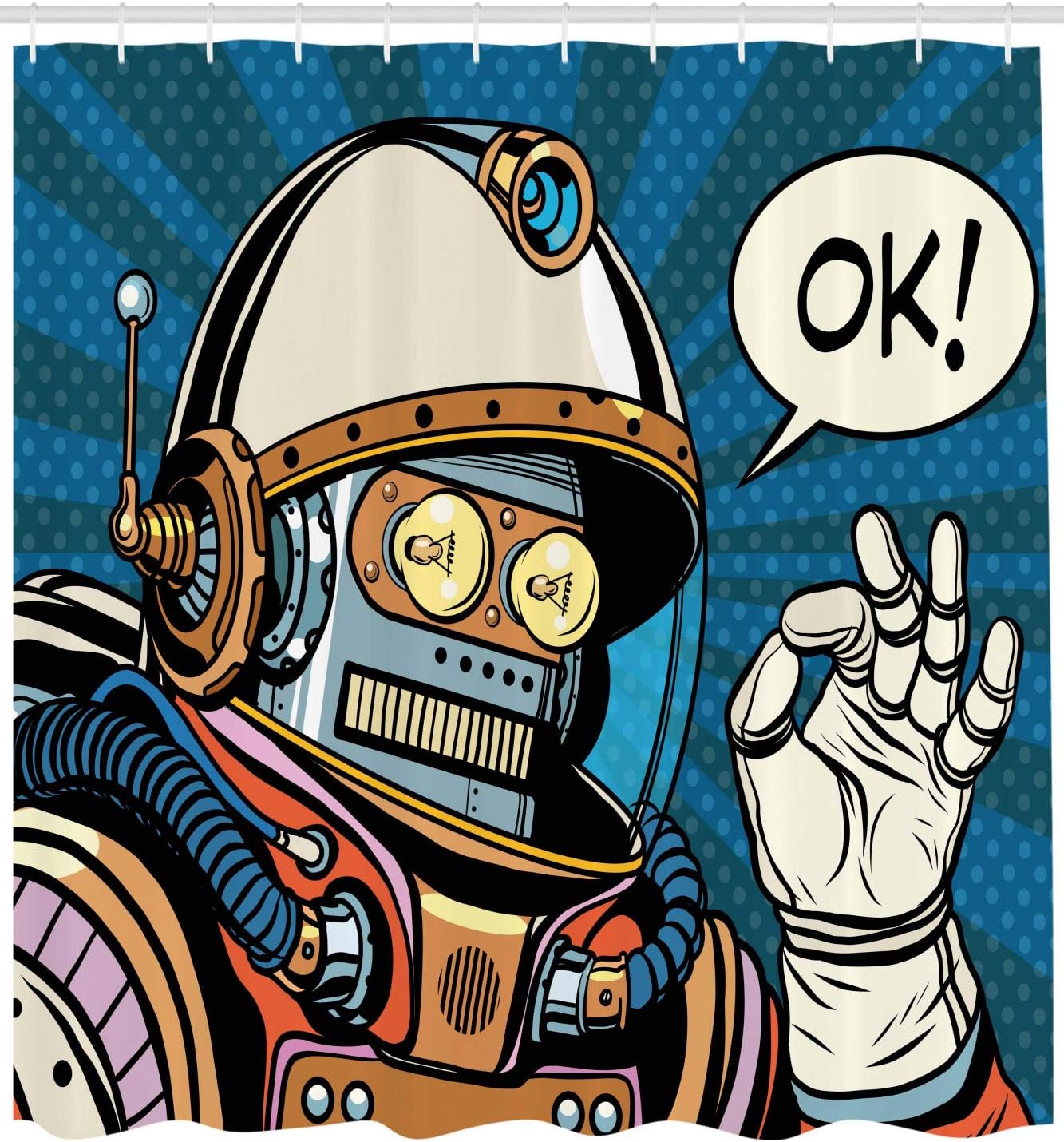 Ambesonne Modern Shower Curtain, Futuristic Comics Super Heros Like Robot in a Spacesuit with OK Words Art Print, Cloth Fabric Bathroom Decor Set with Hooks, 69" W x 84" L, Multicolor Cream