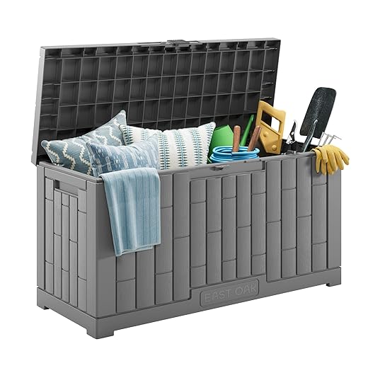 EAST OAK Outdoor Storage Box, 60 Gallon Deck Box Indoor and Outdoor Use, Waterproof Resin Storage Bin for Patio Cushions, Gardening Tools, Lockable, UV Resistant, Grey