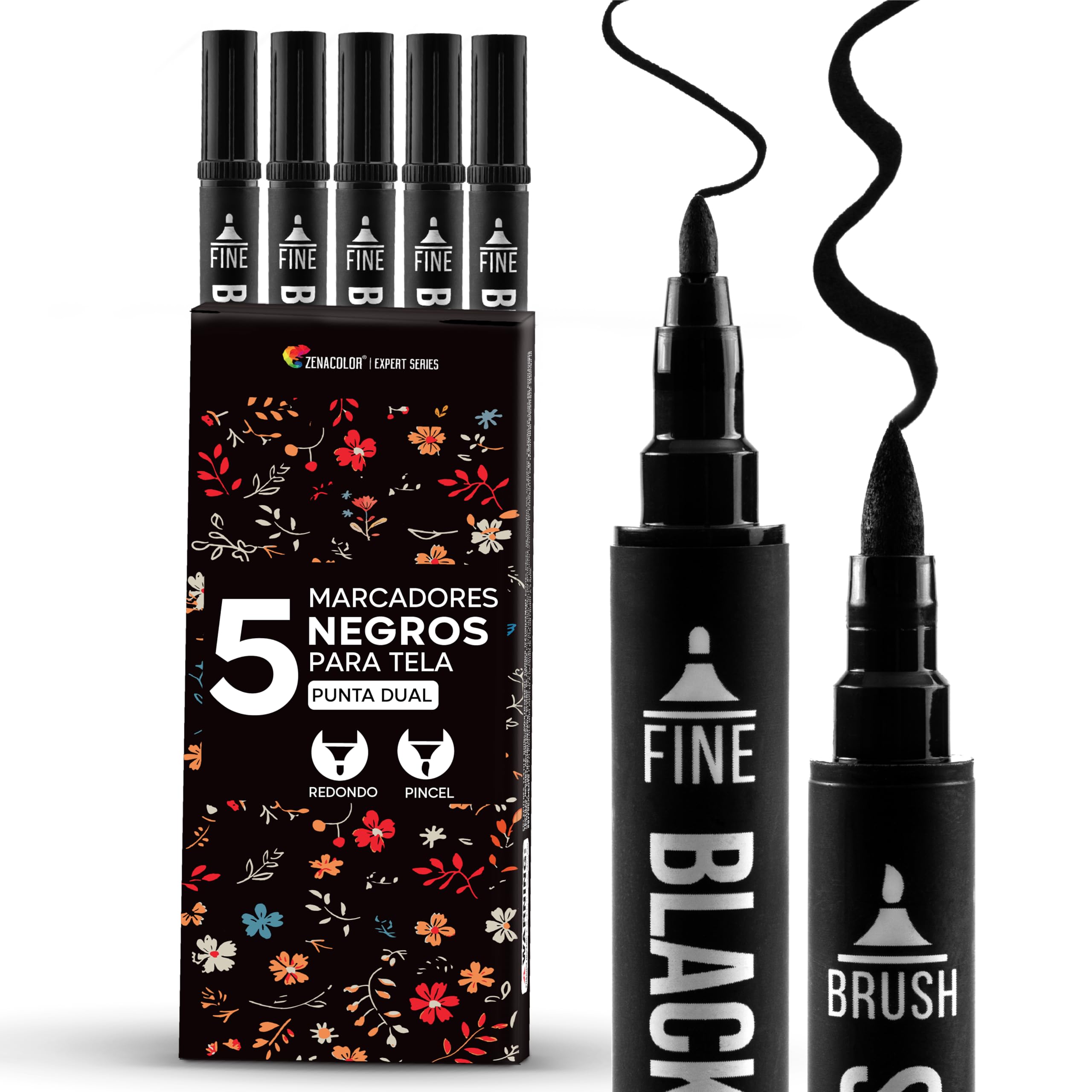 Zenacolor 5 Pintura Textil Negros de Doble Punta Permanentes para Ropa - Rotuladores Textiles para Personalizar Camisetas, Bolsos, Gorras, Lienzos y Textiles