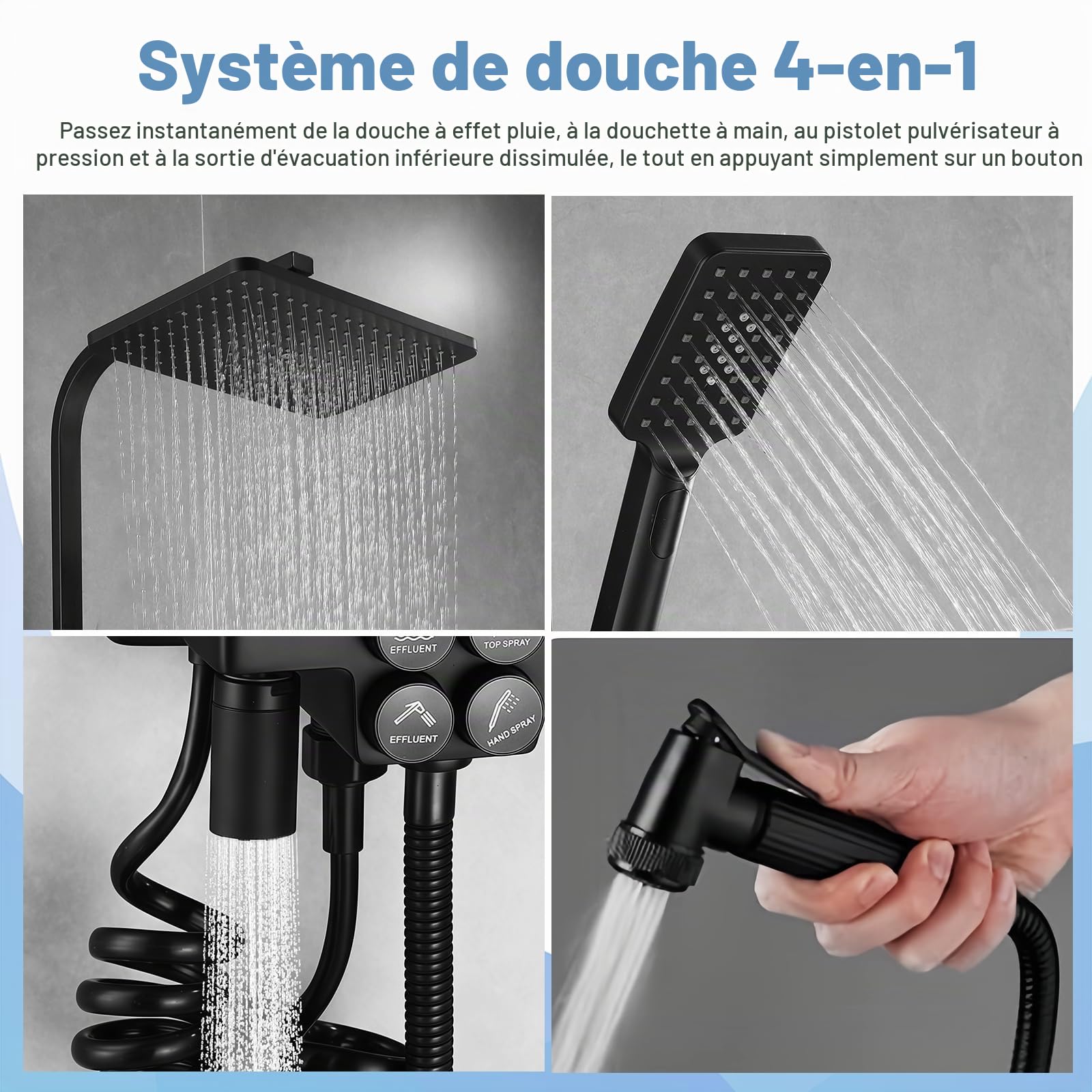 Colonne de Douche Thermostatique Colonne Douche Noir, Inox Réglable Ensemble Douche Salle de Bain Colonne de Douche avec Mitigeur, Pommeau de Douche, Robinetterie, Douchette Jet et Tete Douche 30x20cm
