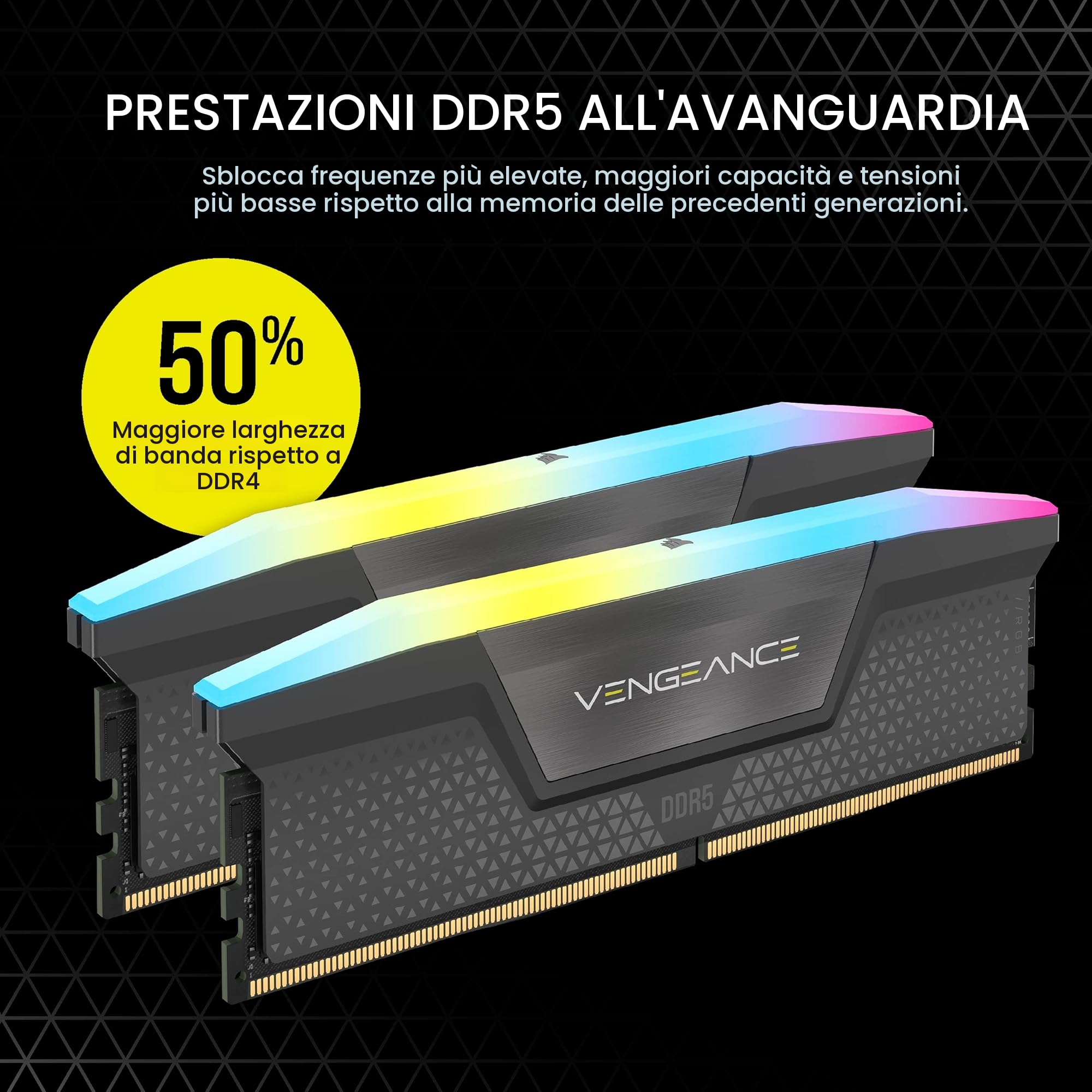 CORSAIR VENGEANCE RGB DDR5 64GB (2x32GB) DDR5 Fino a 5200MHz CL40 AMD EXPO Intel XMP iCUE Memoria Compatibile per Computer - Grigio (CMH64GX5M2B5200Z40K)