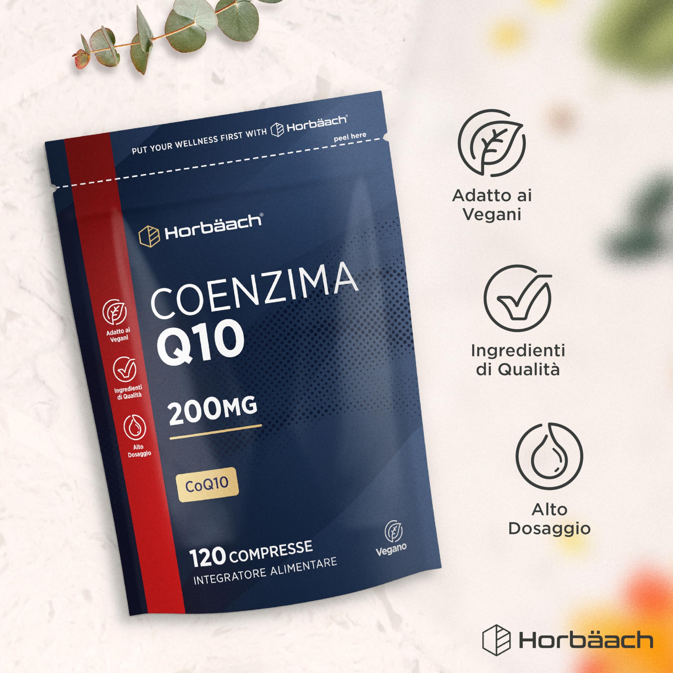 Coenzima Q10 200mg | CoQ10 200mg | 120 compresse | Adatto a vegetariani e vegani | Horbaach