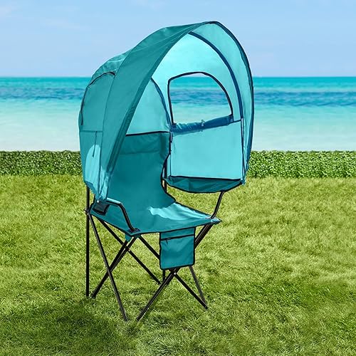 BrylaneHome Silla de campamento con toldo plegable 2 portavasos color azul brisa