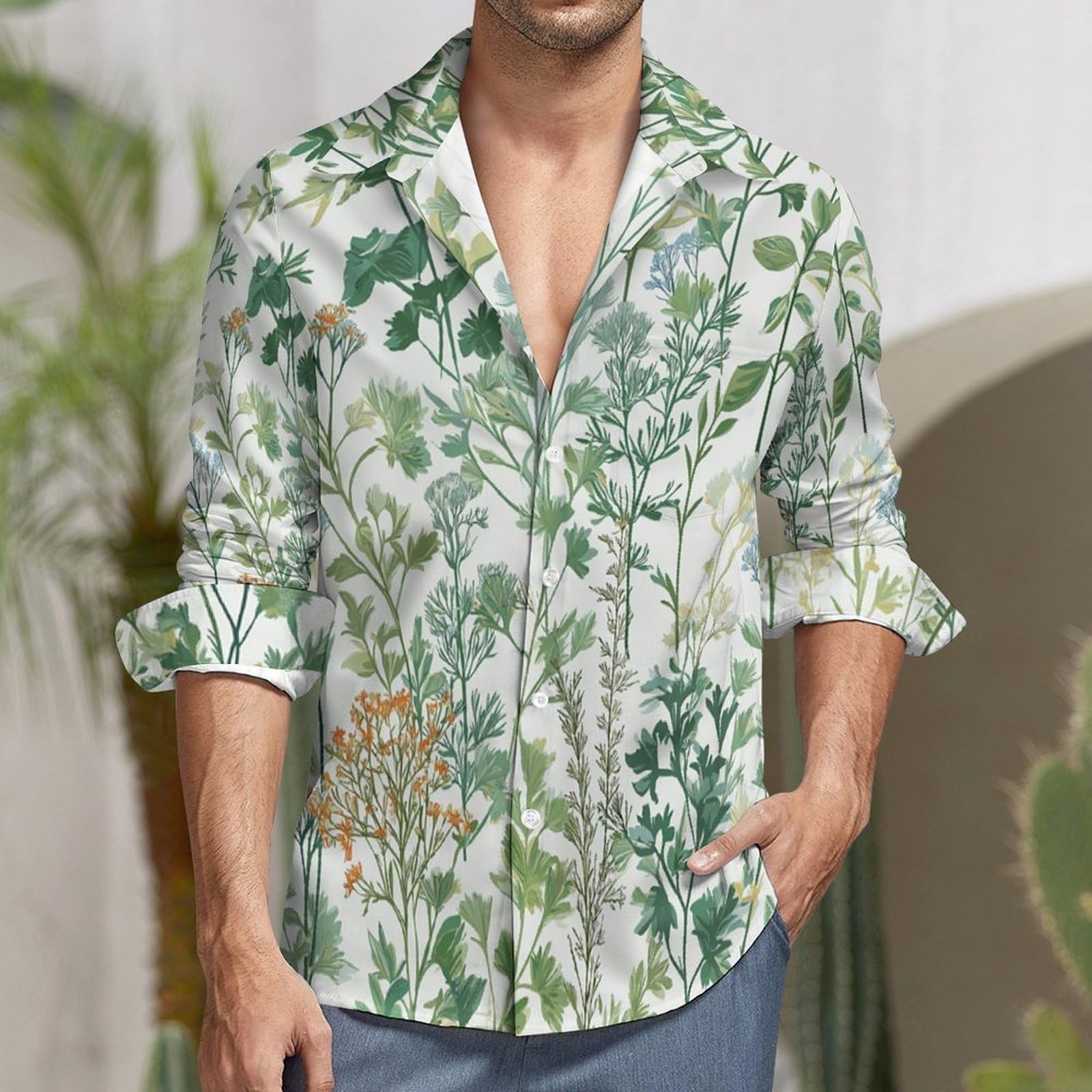 Camisa de Lino Flores Silvestres para Hombre - Camisas de Manga Larga Casual Verano Camisa Verde con Botones Camisas Ajuste Regular Ropa de Playa Vacaciones Trabajo
