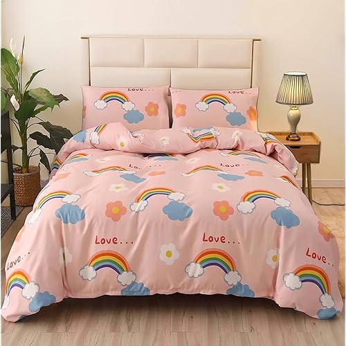 SDY 3PCS Rainbow Duvet Cover Set Queen, Bed in a Bag Duvet Cover and 2 pillowcases, Corner Ties and Zipper Closure, Comfy and Colourful, Home Art Flower Decor for Kids, Children, Boys, Girls and Teens