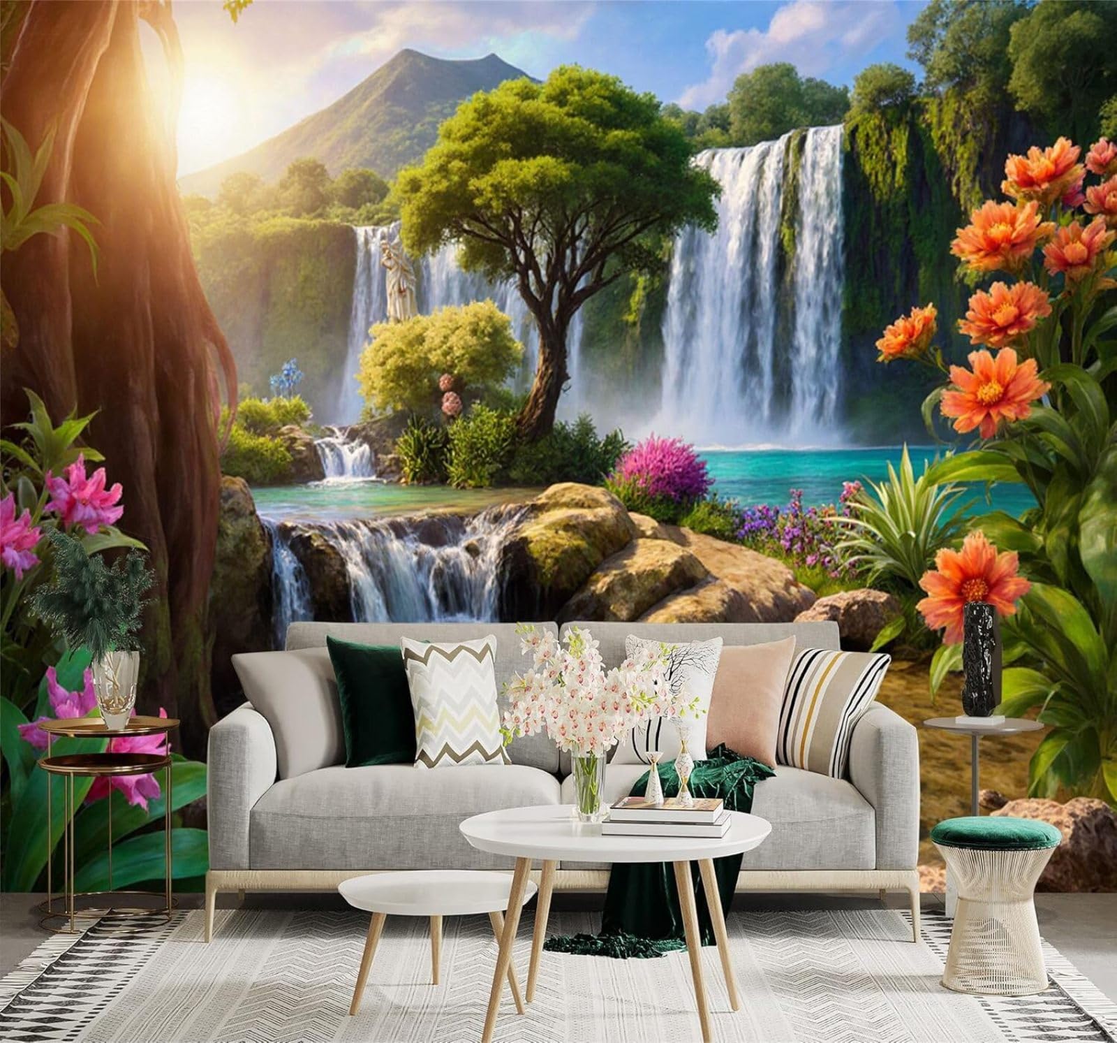 XLMING Tropical Waterfall Mountain Peaks Flowers Natural Scenery 3D Wallpaper Premium Textured Silk Study Dining Living Room Bedroom Sofa TV Wall Easy Install-430cm×300cm