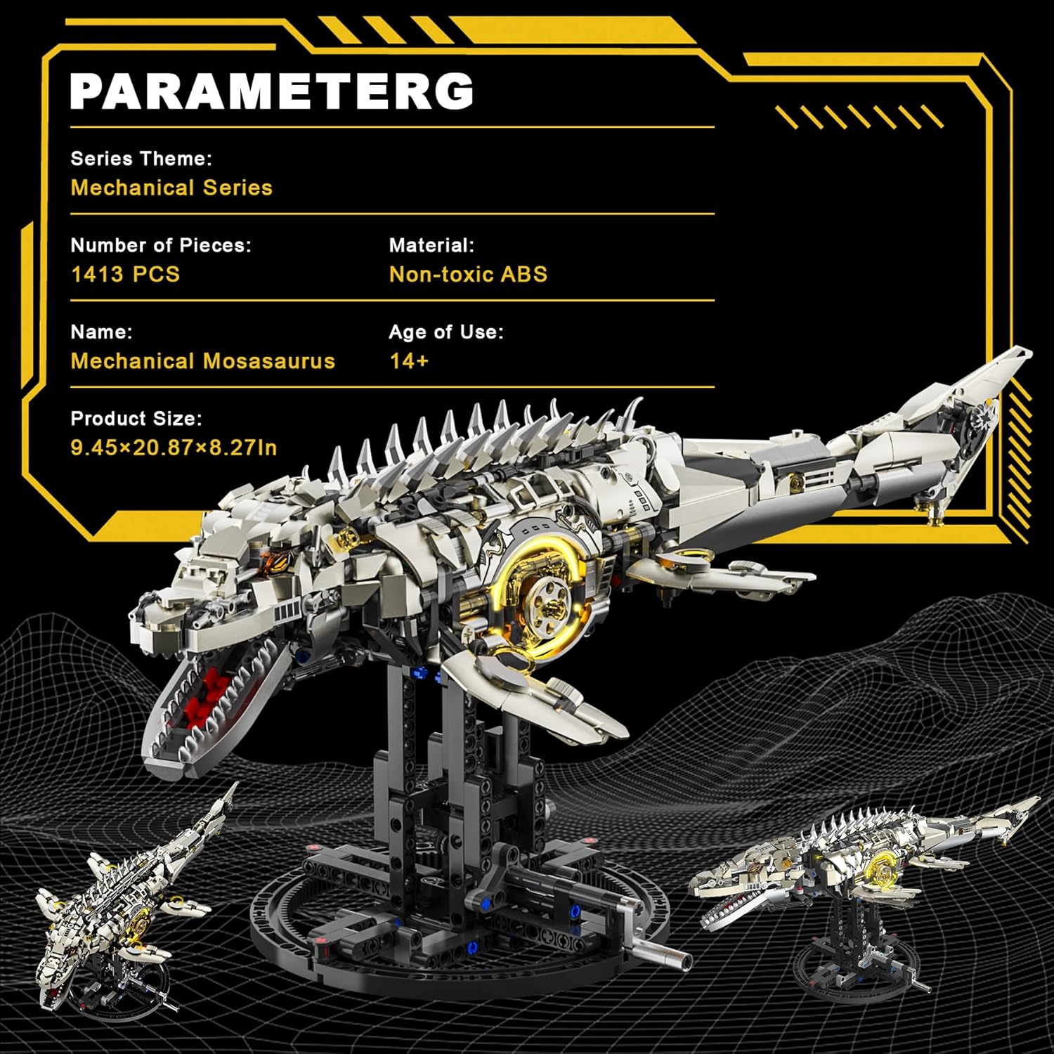 Mechanical Mosasaurus Building Set for Adults, Dinosaur Building Block Set, Compatible with Lego, 1413PCS Ocean Animal Collection Toy with Display Stand and Light Home Office Decor Idea Gift