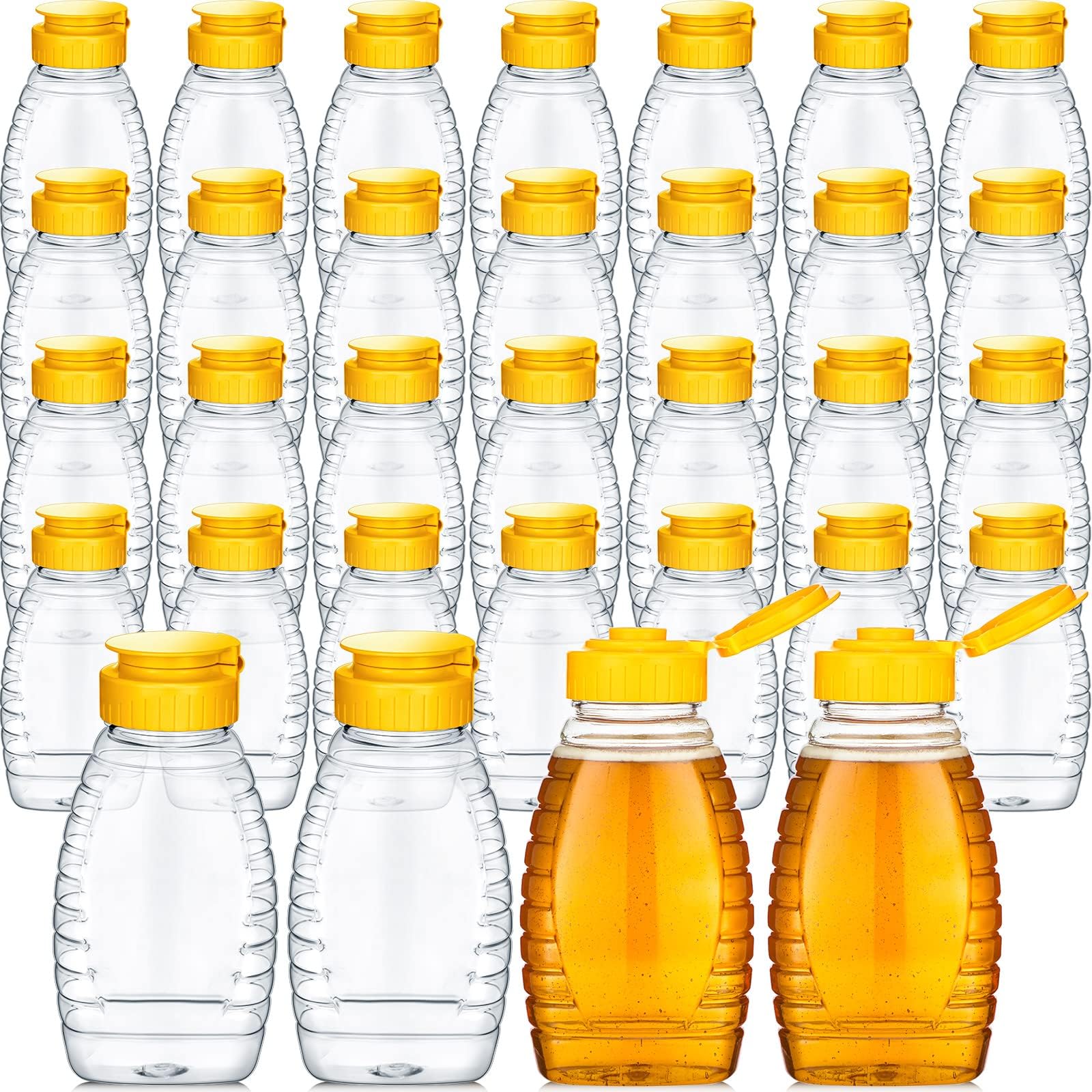 Eccliy 32 Pcs Clear Plastic Honey Jar Empty Honey Bottles with Caps Refillable Containers Leakproof Squeeze Bottle Container Holder with Flip Lid for Storing (12 oz,Yellow)