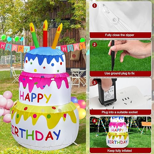 Miniatura 6 de HZGDEJTG Decoración inflable para pastel de cumpleaños de 4 pies, decoración inflable al aire libre con luces LDE, decoración inflable de cumpleaños