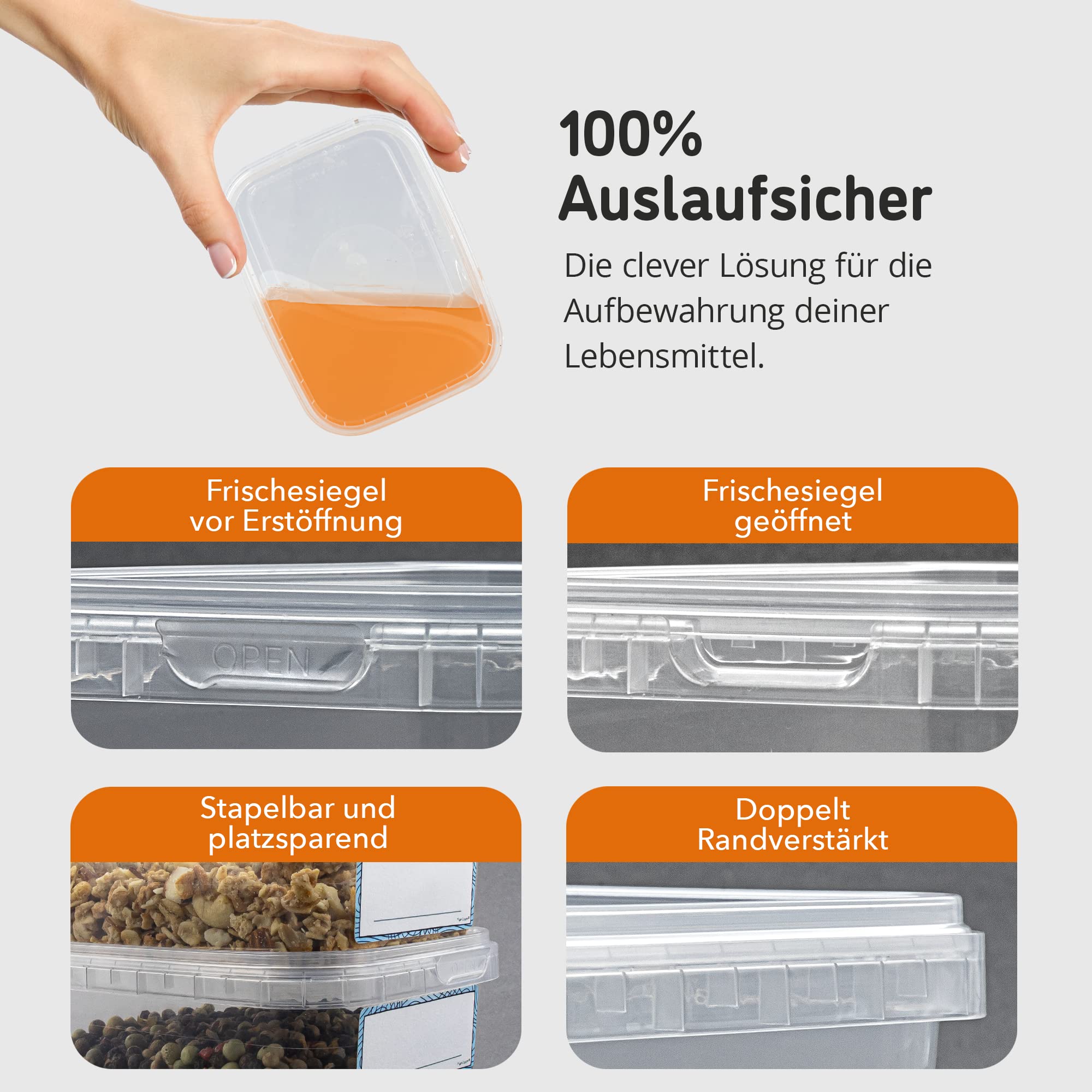 Set di 50 barattoli di plastica con coperchio – contenitori rettangolari in plastica trasparente da 275 ml – per alimenti e salse – standard industriale – contenitori