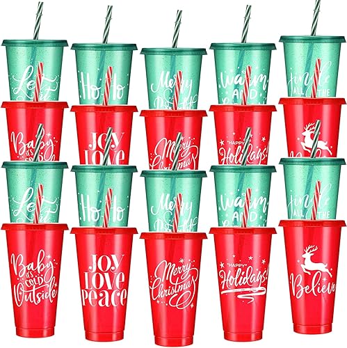 Tioncy 20 vasos de plástico de Navidad con tapas y popote a granel, vasos de plástico de Navidad reutilizables de 25 onzas, tazas de Navidad para