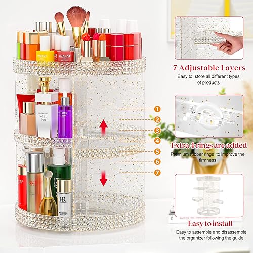 Miniatura 6 de Awenia Organizador de maquillaje giratorio de 360 grados, almacenamiento de maquillaje ajustable, 7 capas de gran capacidad, unidad de