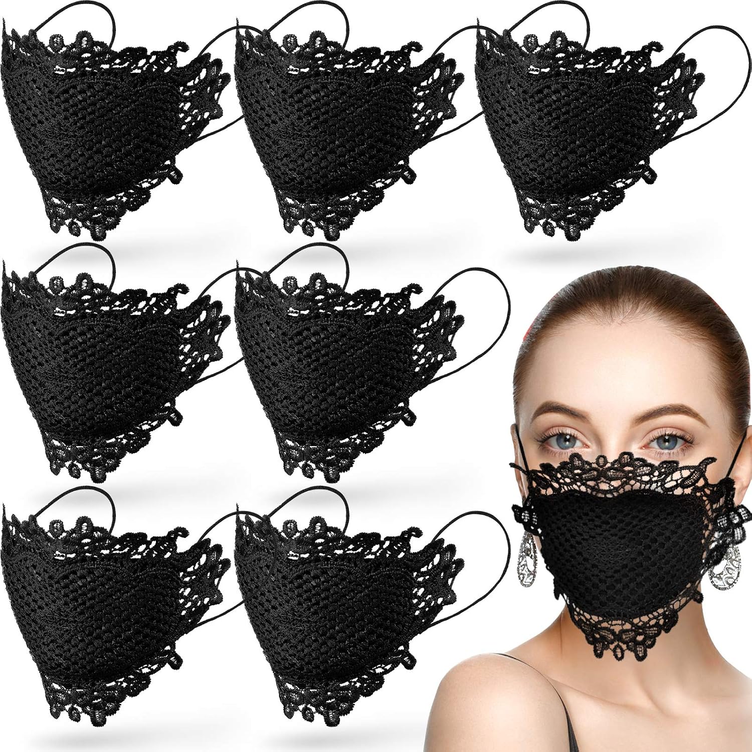 8 Pieces Lace Mouth Bandana for Women for Christmas (Black)