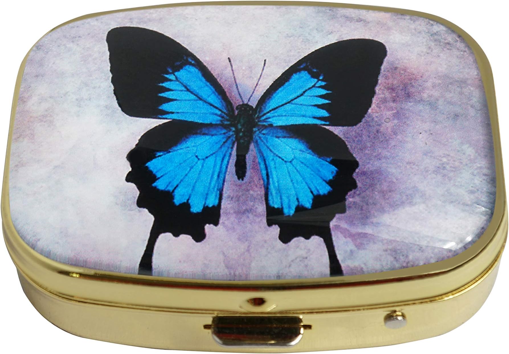 LCTCKP Custom Fashion Square Glass Gold Pill Case Decorative Metal Container Box (Blue Wings Butterfly)