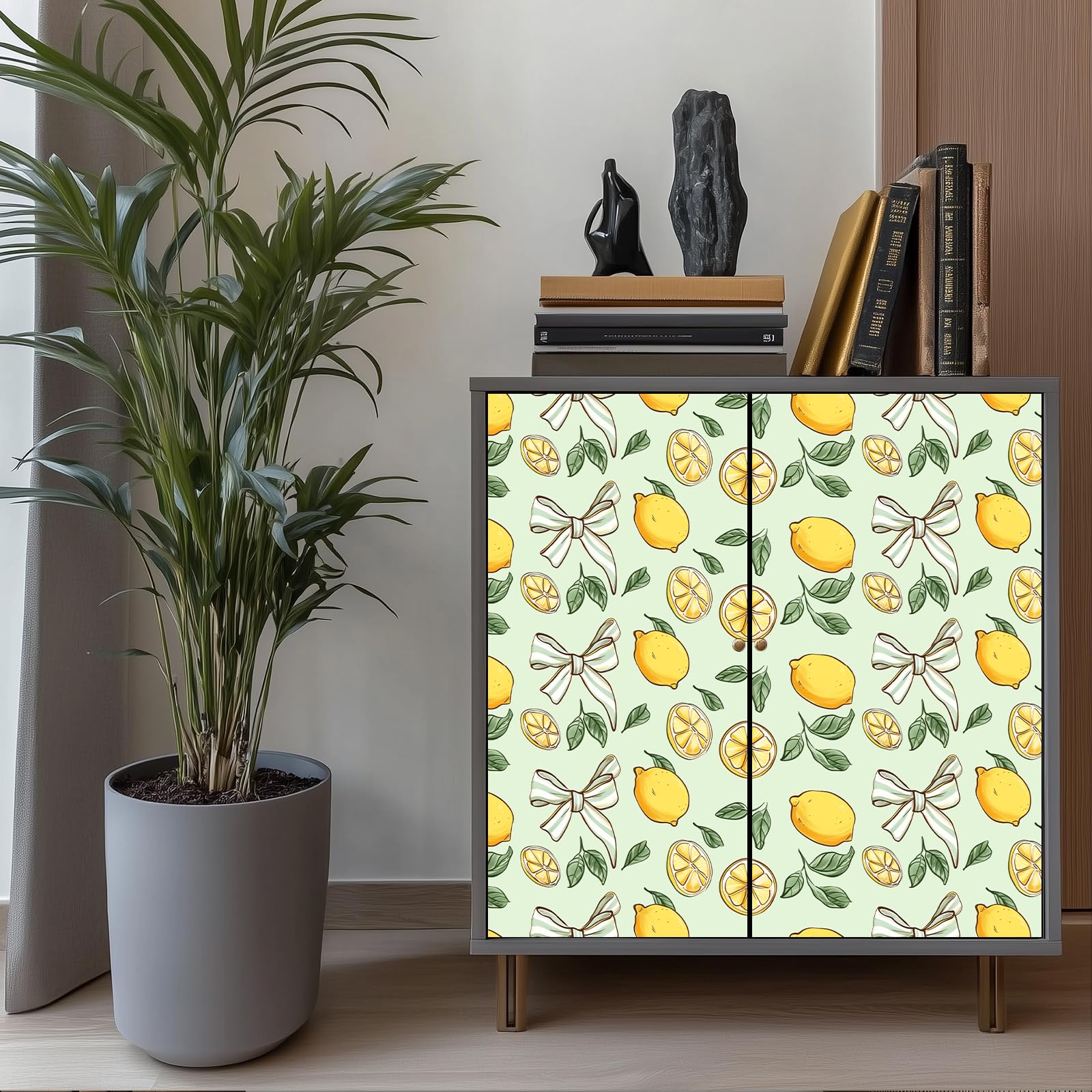 HOMETITUTE Tapeta cytrynowa 39 cm x 100 cm, odklej i przyklej, winylowy papier kontaktowy, samoprzylepny, usuwalny, cytrusowy, owoc, zielony liść, kokarda, letnia fototapeta do kuchni, sypialni