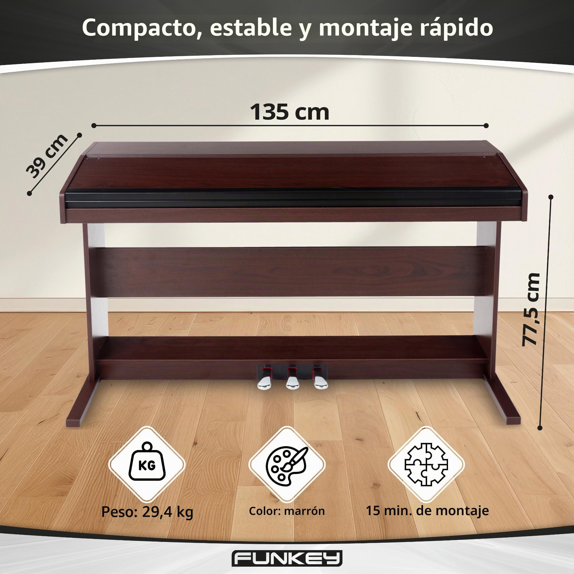 Piano digital FunKey DP-88 marrón set con auriculares, banco de piano Economy y manual