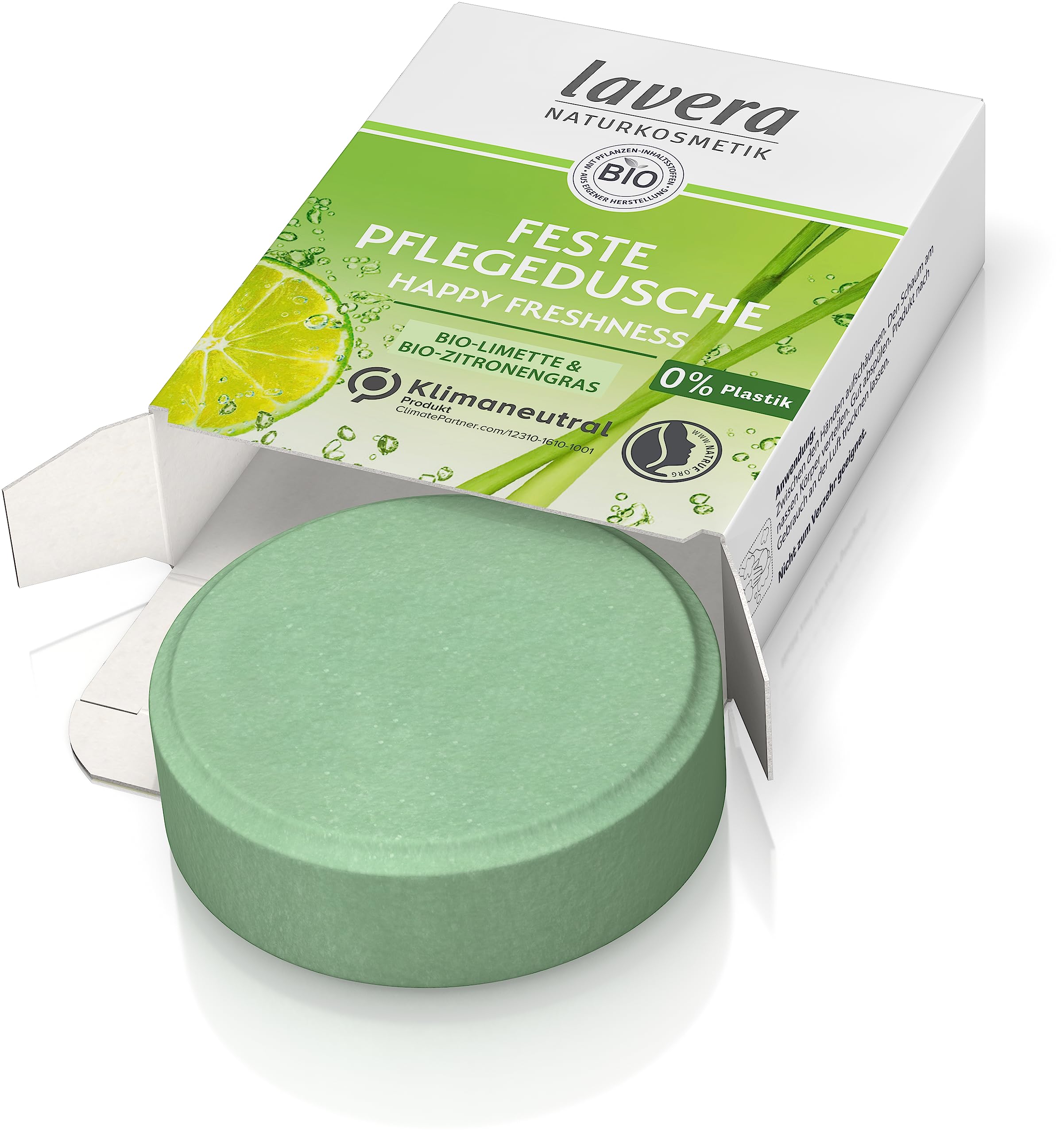 lavera Feste Pflegedusche Happy Freshness - mit Bio-Limette und Bio-Zitronengras - reinigt die Haut sanft, ohne sie auszutrocknen - 3x ergiebiger als flüssiges Duschgel - Naturkosmetik - 1 Stk / 50g