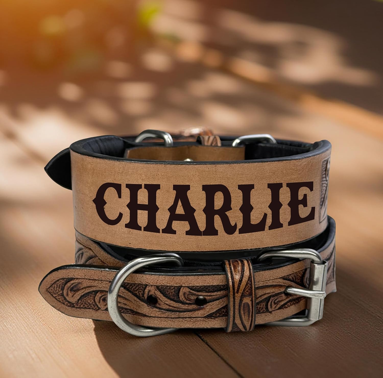 Personalized Name Leather Dog Collar Western Style Heavy Duty Hand Tooled Adjustable Padded Soft for Puppies and Big Dogs (M (14"-17"))