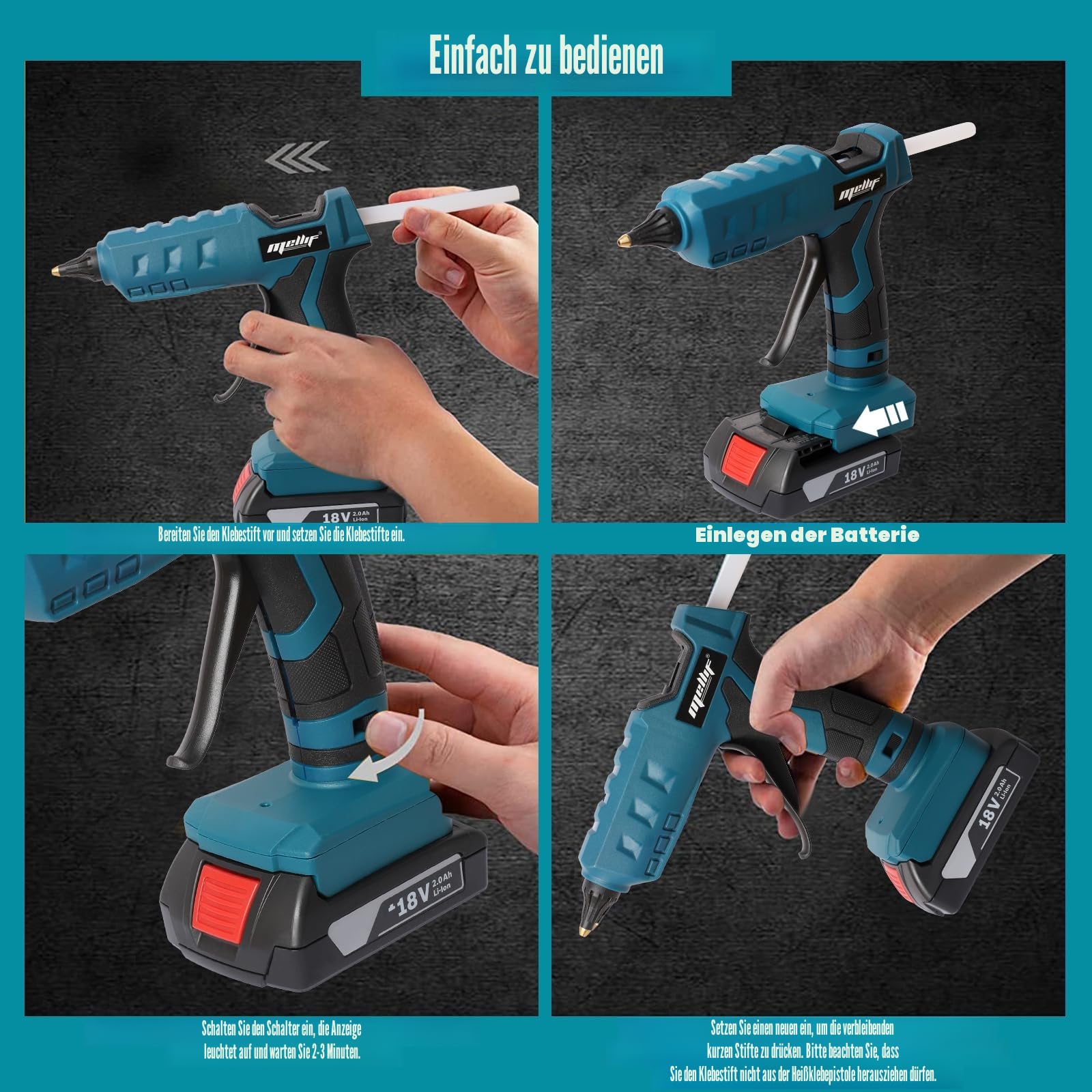 Mellif Akku Heißklebepistole für Bosch professional 18V Akku wie GBA/GBA ProCORE, kabellos Heißklebepistole Akku,45s schnell Aufheizung Klebepistole mit 20PCS Klebestifte, ideal für DIY(KEIN Akku)