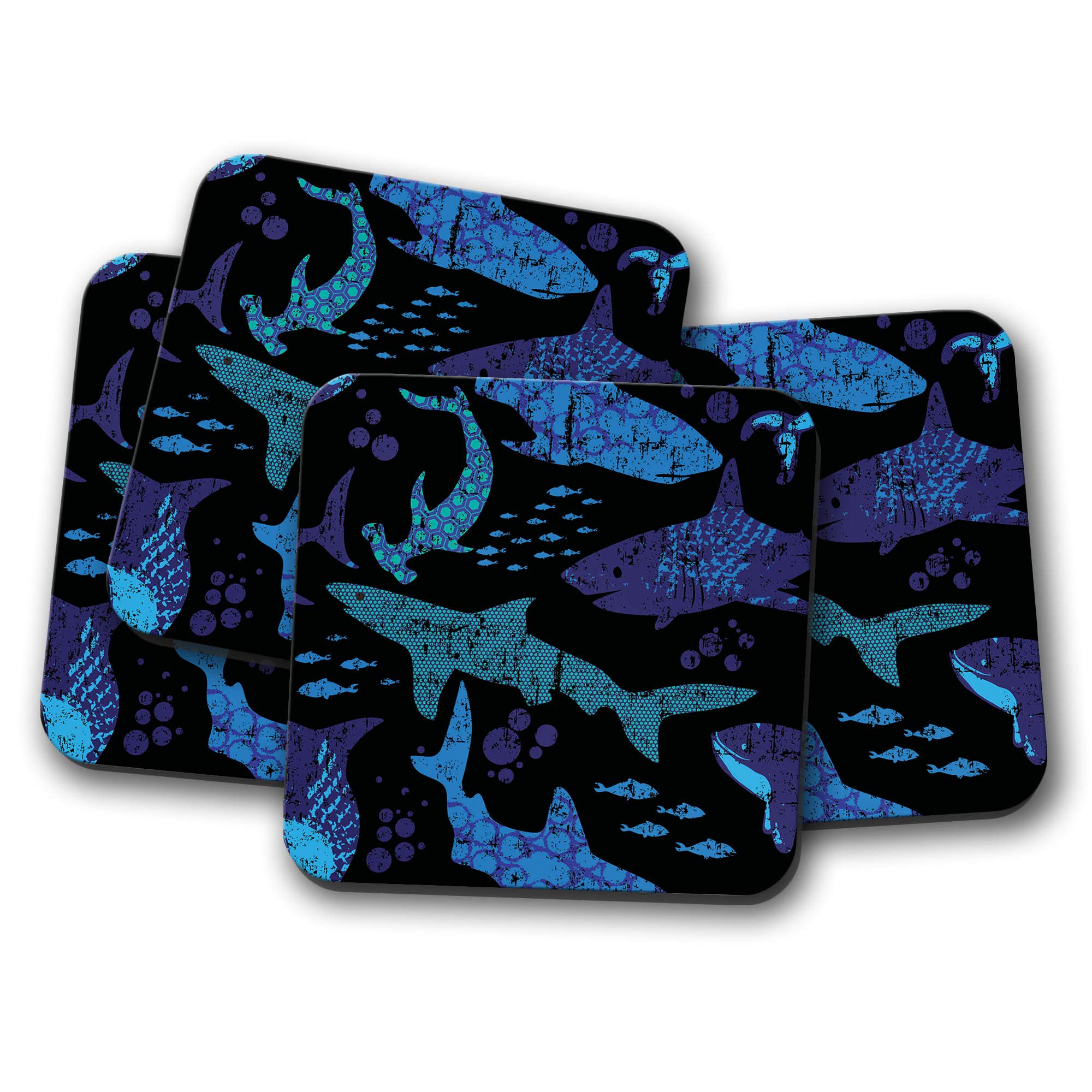 Destinationvinyl Multicolor 4 Set - Sharks Drinks Coaster - Shark Whale Fish Marine Dive #8509