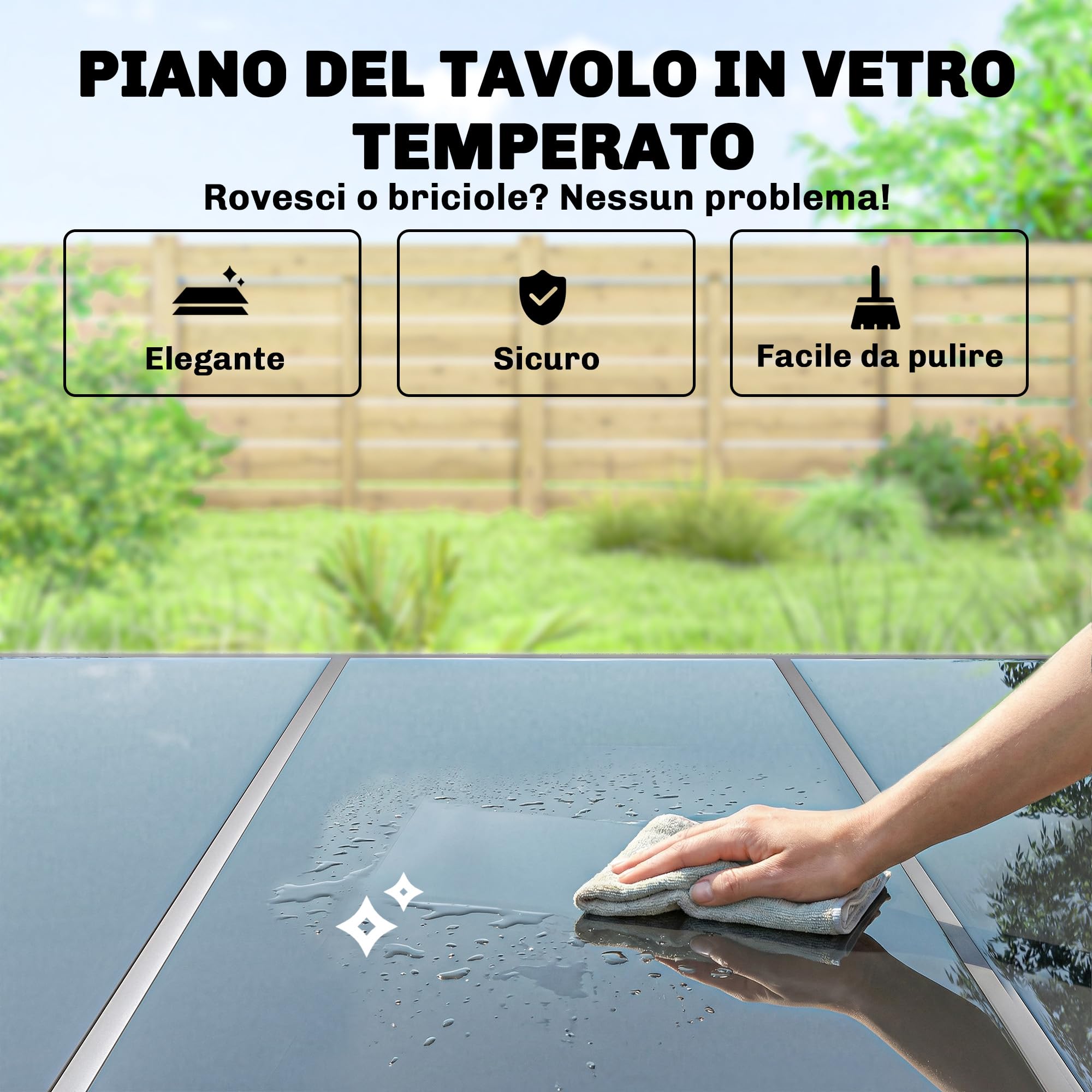 Outsunny Set Tavolo e Sedie da Giardino 7 Pezzi, Pranzo Esterno con 6 Sedie Impilabili in Texteline, Tavolo in Vetro Temperato, Metallo, Argento e Nero