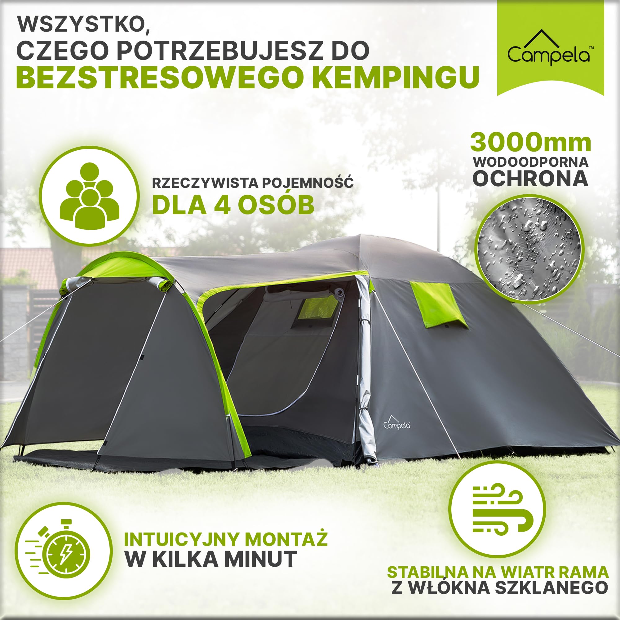 CA0013 Tropical Namiot turystyczny, rodzinny, dla 3-4 osób, wodoszczelny (3000 m), klejone szwy (zielony)